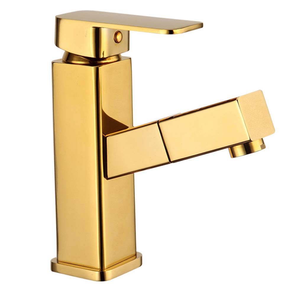 YSDS-JZ Golden Single Lever Mixer Bathroom Faucet - Extendable Sink Tap with Hand Shower, Solid Brass Construction in Gold Finish | Perfect for Modern Vanities, Spa Bathrooms & Luxury Home Upgrades