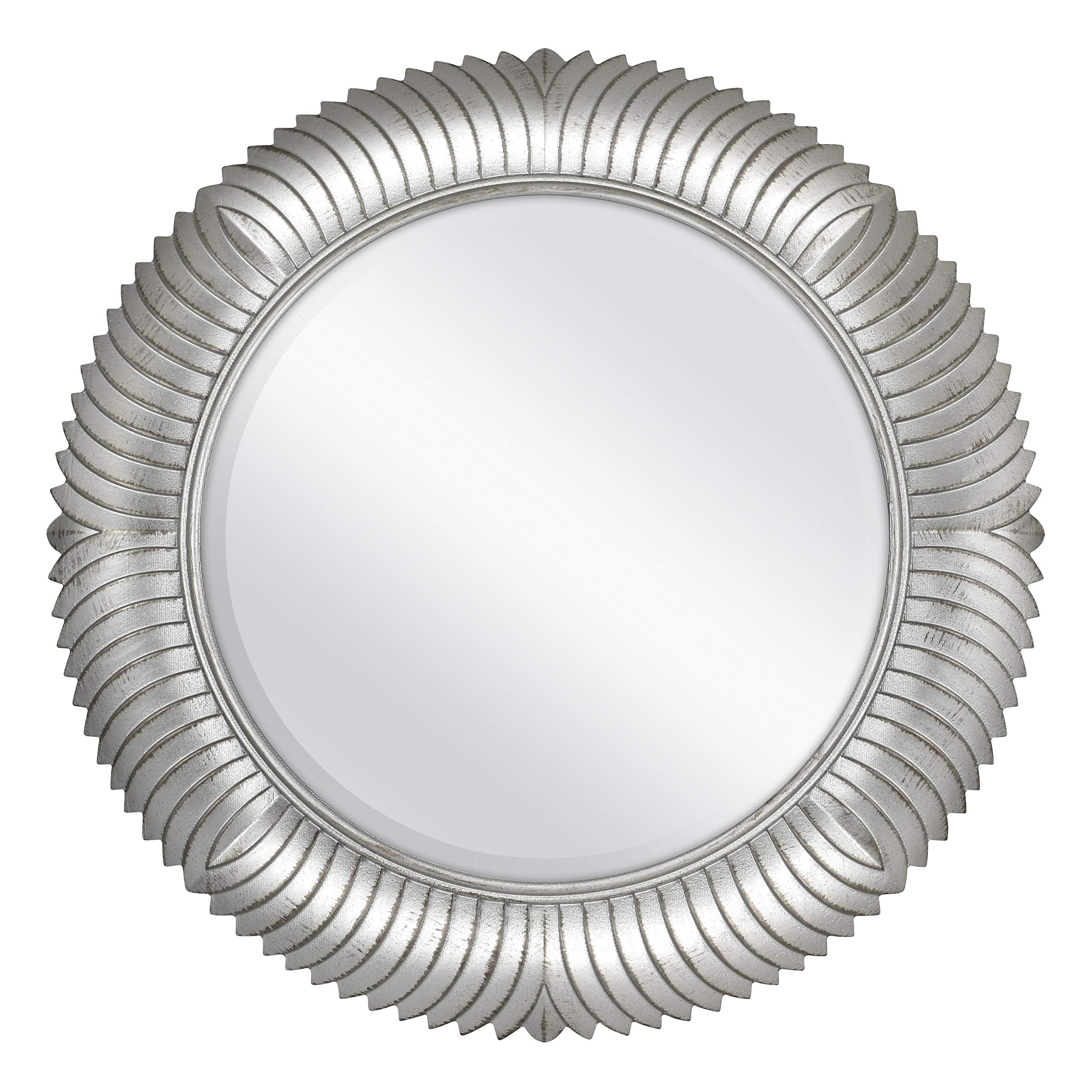 MCS Round Feathered Wall Mirror - Silver | Elegant Decorative Mirror for Bedroom, Living Room & Bathroom | Boho Chic Home Decor Accent