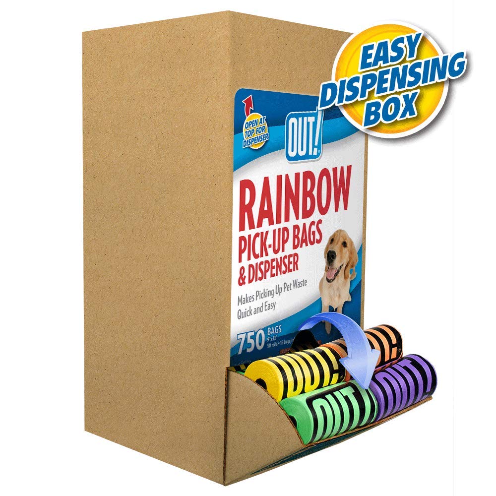 OUT! Rainbow Colored Dog Waste Bags with Leash Dispenser - 750 Count Strong Leak-Proof Poop Bags for Dogs - Includes Convenient Dispensing Box - Perfect for Park Walks, Hiking & Backyard Cleanup