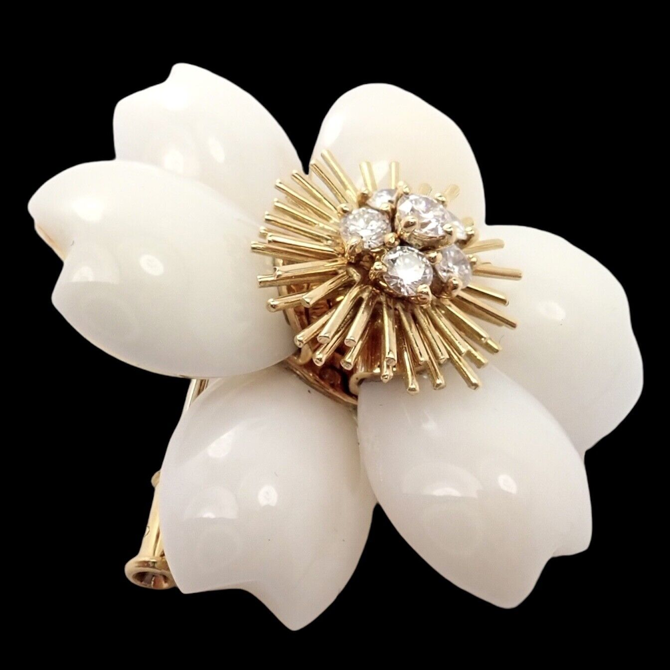 Van Cleef & Arpels Rose de Noel Diamond & White Coral Flower Yellow Gold Brooch - Luxury Jewelry Gift for Women, Perfect for Weddings & Special Occasions