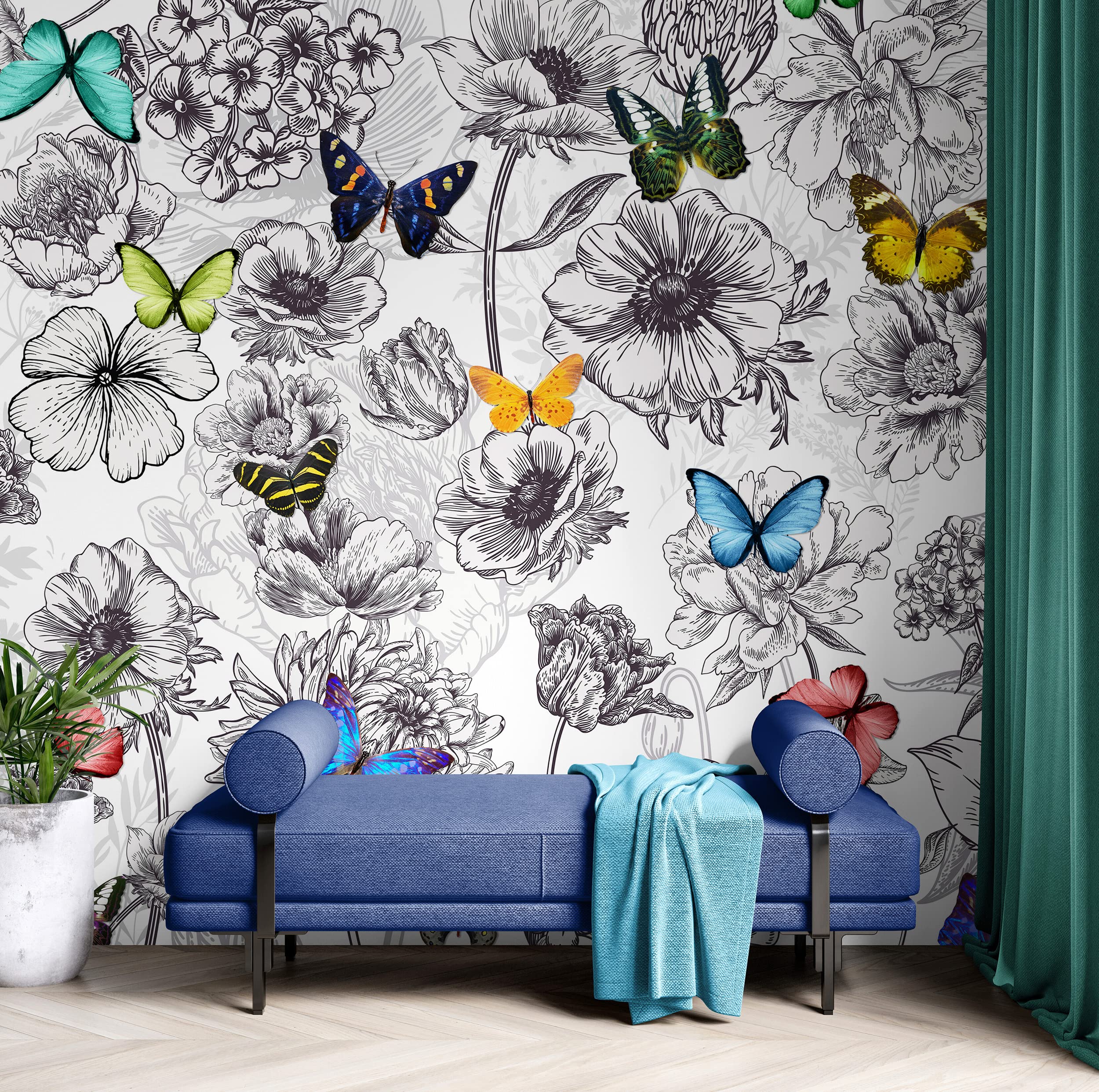 Butterflies in Flower Garden Wall Mural - Retro Black and White Floral Peel and Stick Wallpaper - 9ft x 8ft Removable Decal for Living Room, Bedroom, Nursery or Office Decor