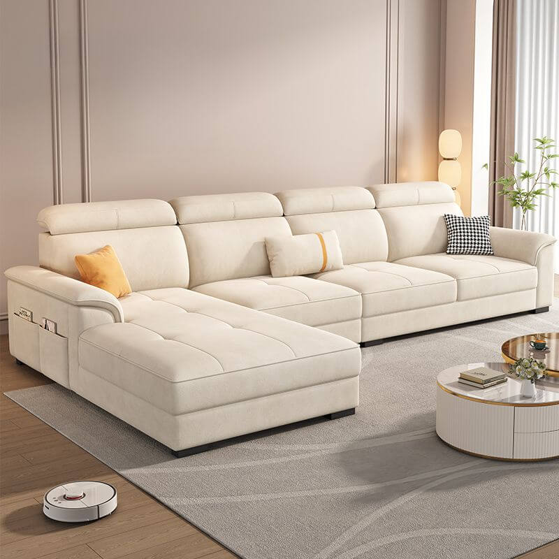 L-Shaped Left-Facing Pine Wood Reclining Sofa with Adjustable Headrest & Hidden Support - Perfect for Living Rooms, Home Theaters, and Family Lounging Spaces