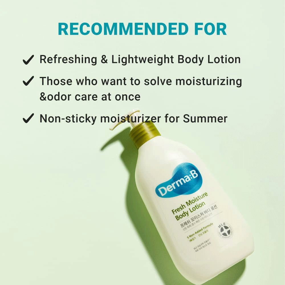 Derma:B Fresh Moisture Body Lotion 400ml - Hydrating & Nourishing Dry Skin Care for Daily Use - Perfect for After Shower, Gym & Nighttime Moisturizing