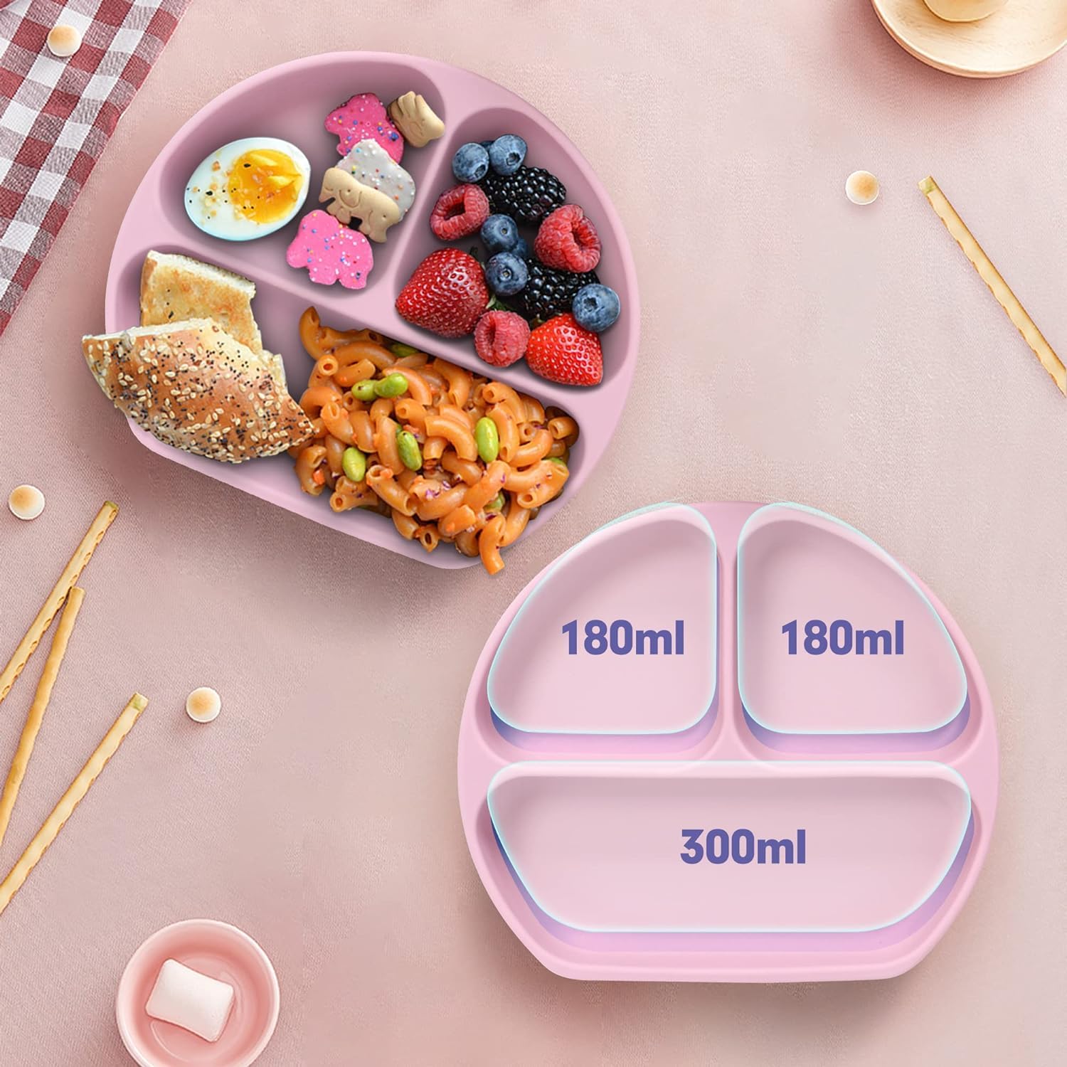 Non-Slip Silicone Baby Plate with Suction Base - Divided Toddler Dish, 100% Food-Grade BPA-Free, Microwave & Dishwasher Safe (Pink) - Perfect for Mess-Free Mealtime, Travel & Daycare Use