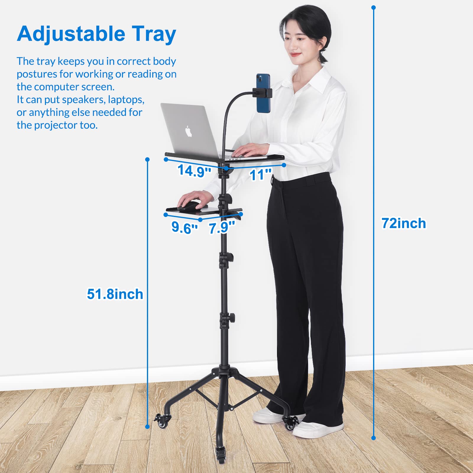 Adjustable Laptop Tripod Stand on Wheels with 2 Shelves & Phone Holder - Portable Projector Floor Stand (25.9 to 51.8 Inch Height) - Perfect for Home Office, Classroom Presentations & Mobile Workstations