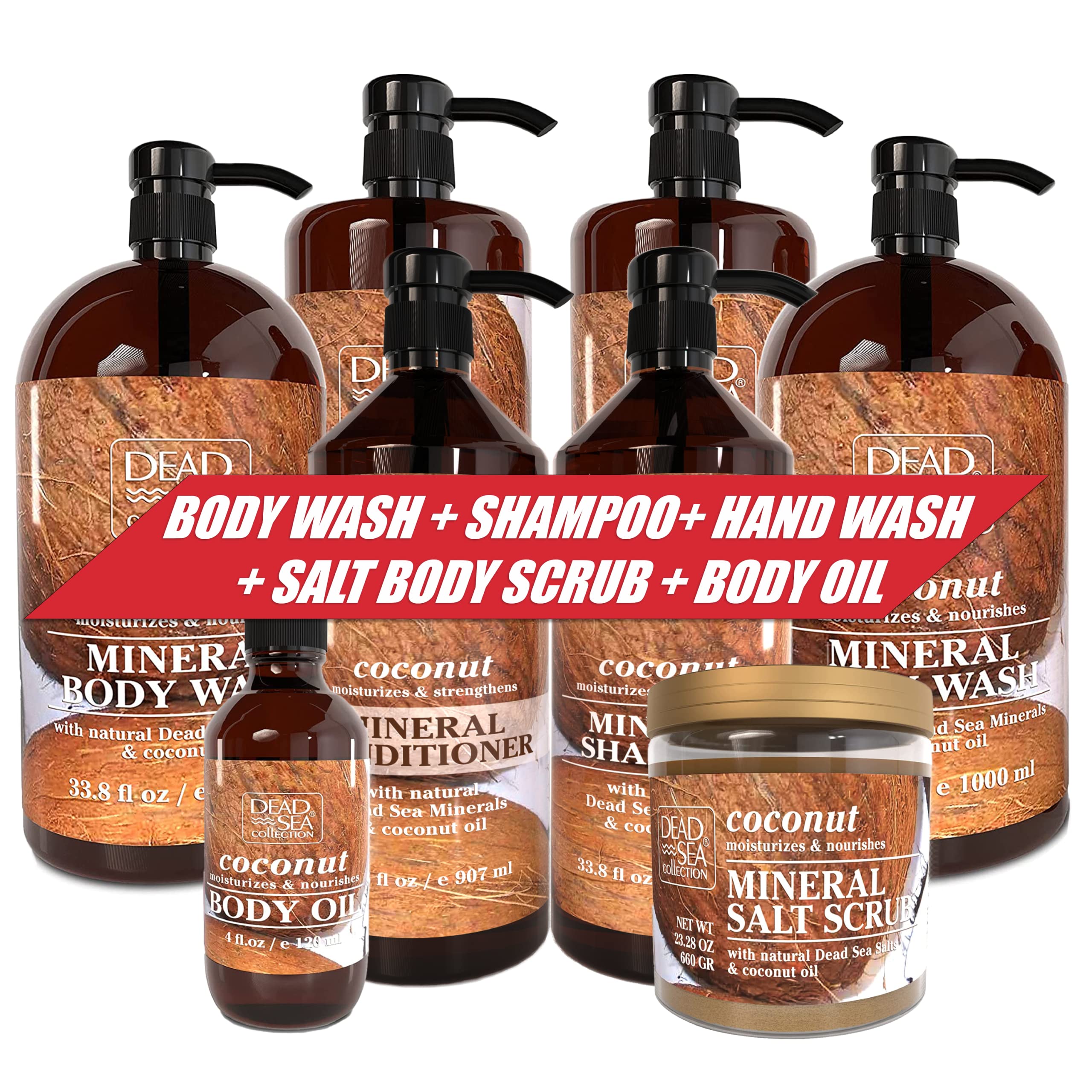 Dead Sea Spa Gift Set - Coconut Body Wash (2x67.6oz), Shampoo & Conditioner Set (2x67.6oz), Salt Scrub (23.28oz), Hand Soap (2x33.8oz) & Body Oil (4oz) Bundle - Perfect for Home Relaxation & Self-Care Routine