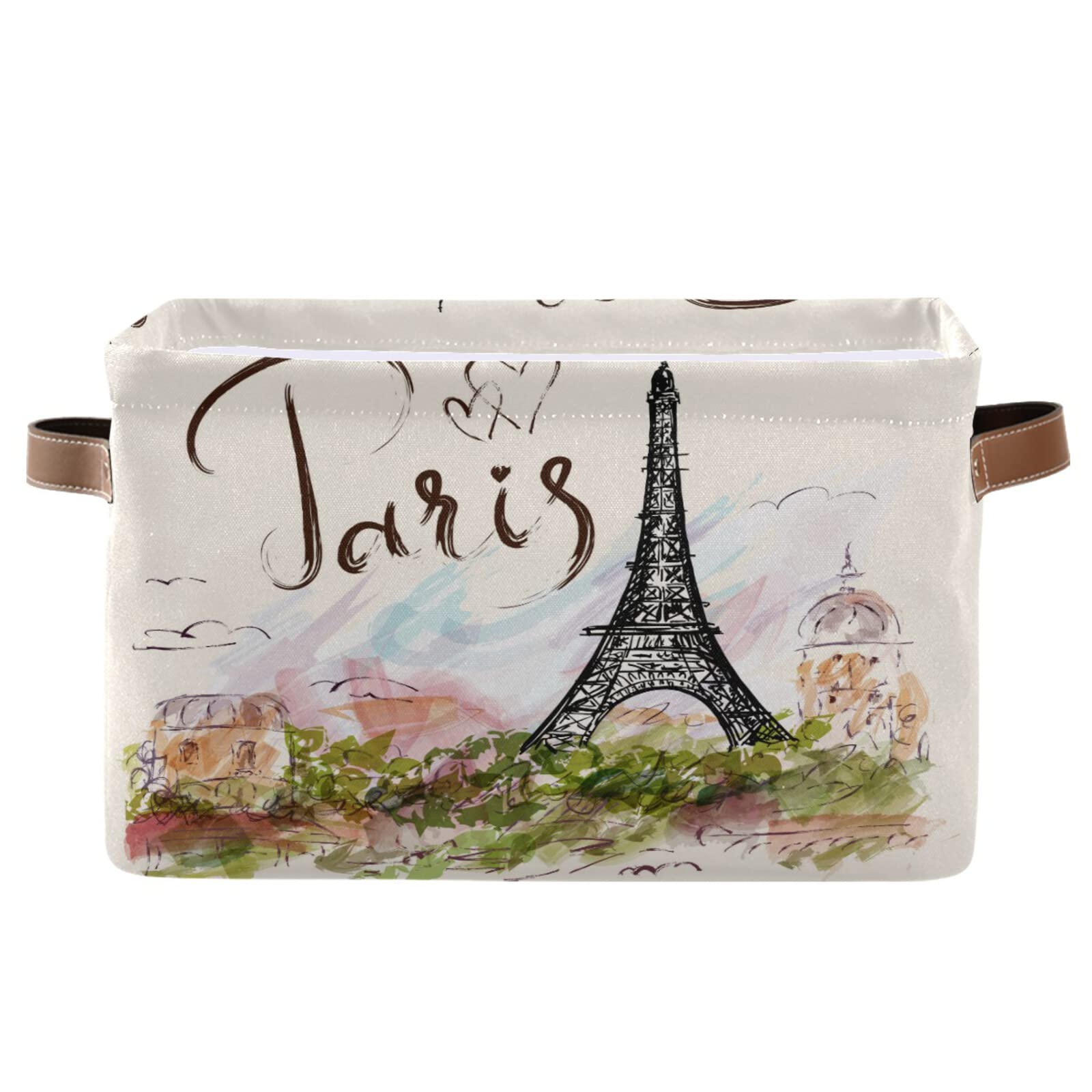 Watercolor Paris Eiffel Tower Storage Basket with Handles - Large Collapsible Rectangular Storage Bin for Kids Toys, Nursery, Closet & Bathroom Organization | French-Themed Home Decor Cube | Perfect for Playrooms, Bedrooms & Gift Giving (1 Pack)