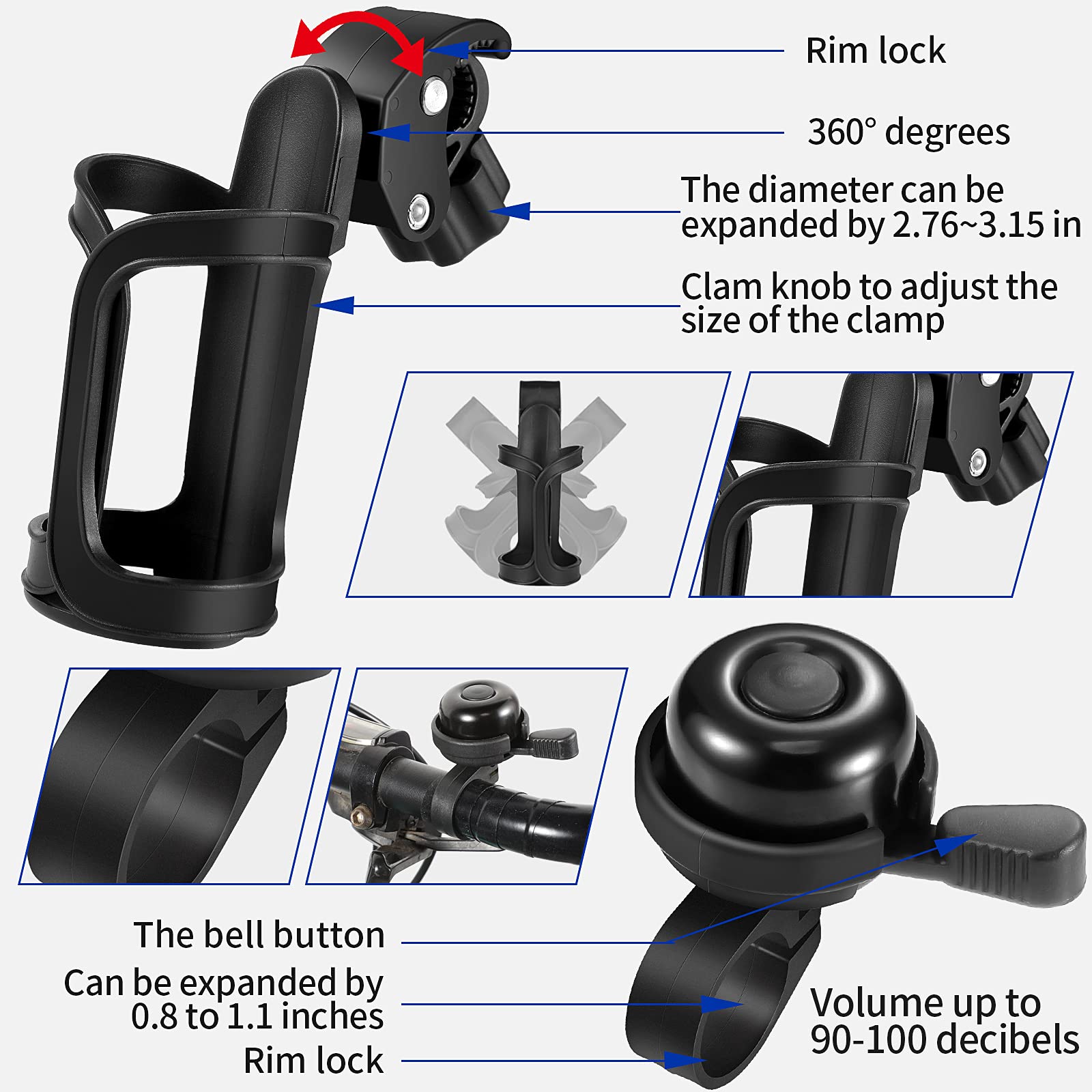 7-Piece Bicycle Accessories Set - Silicone Phone Mount, Aluminum Bike Bell, 360° Rotatable Cup Holder, 2 USB Rechargeable Bike Lights & Wide Angle Mirrors - Perfect for Commuting, Cycling & Outdoor Adventures
