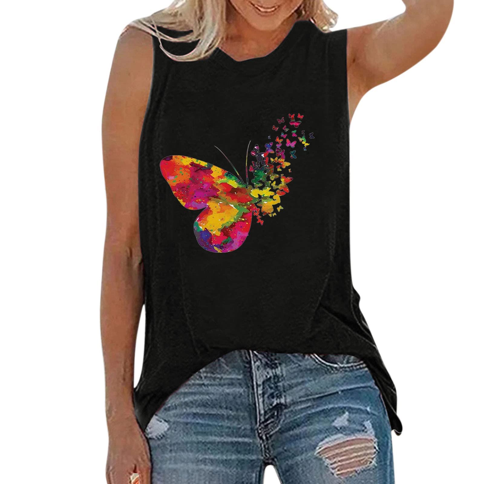 Trendy 2022 Black Tank Tops for Women - Cropped Sleeveless Tunic Top with Butterfly Graphic | Summer Casual Wear, Street Fashion, Gym & Lounge Outfits