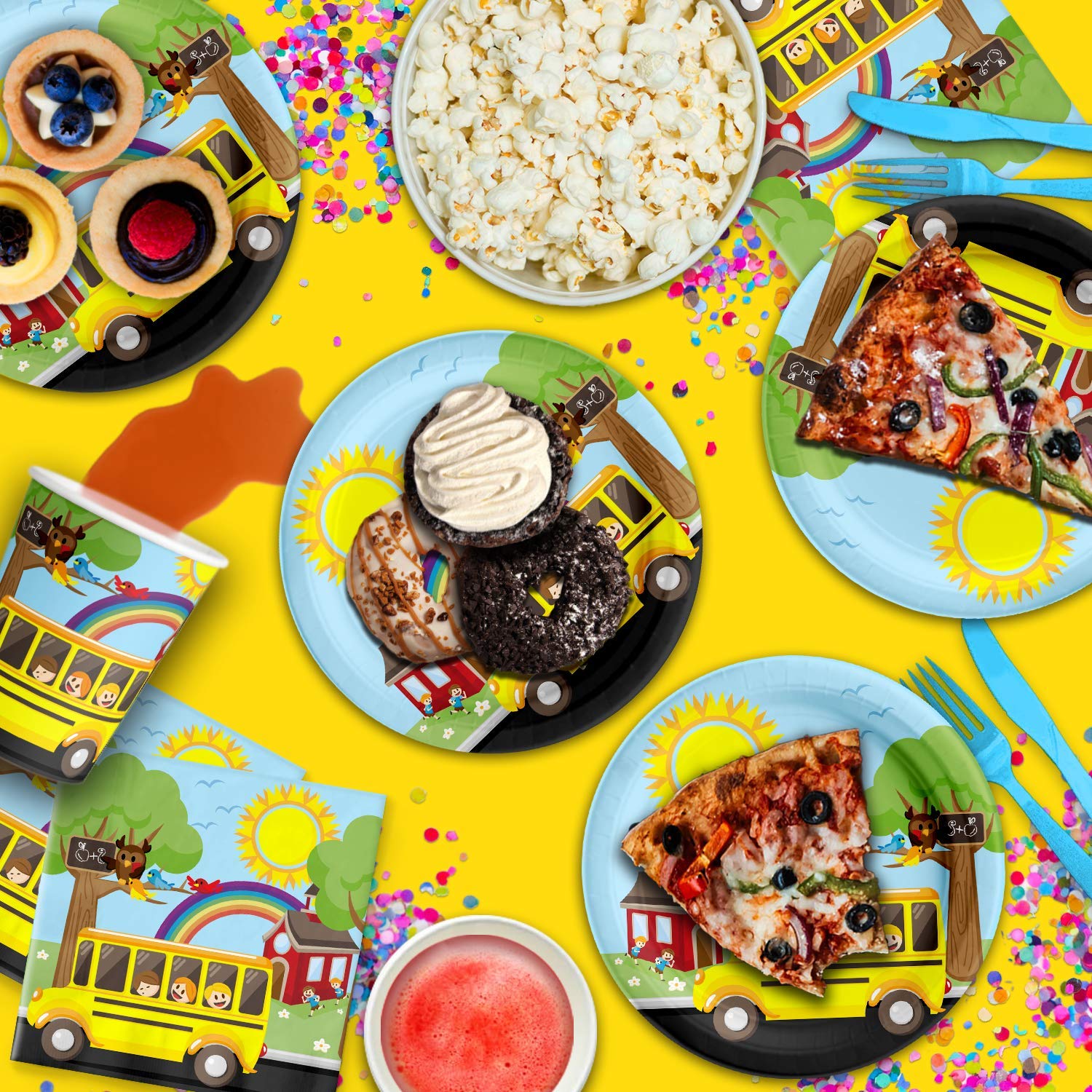 School Bus Themed Birthday Party Supplies Set - 16-Piece Tableware Kit with Plates, Napkins & Cups for Kids' Birthday Celebrations & School Bus Decorations