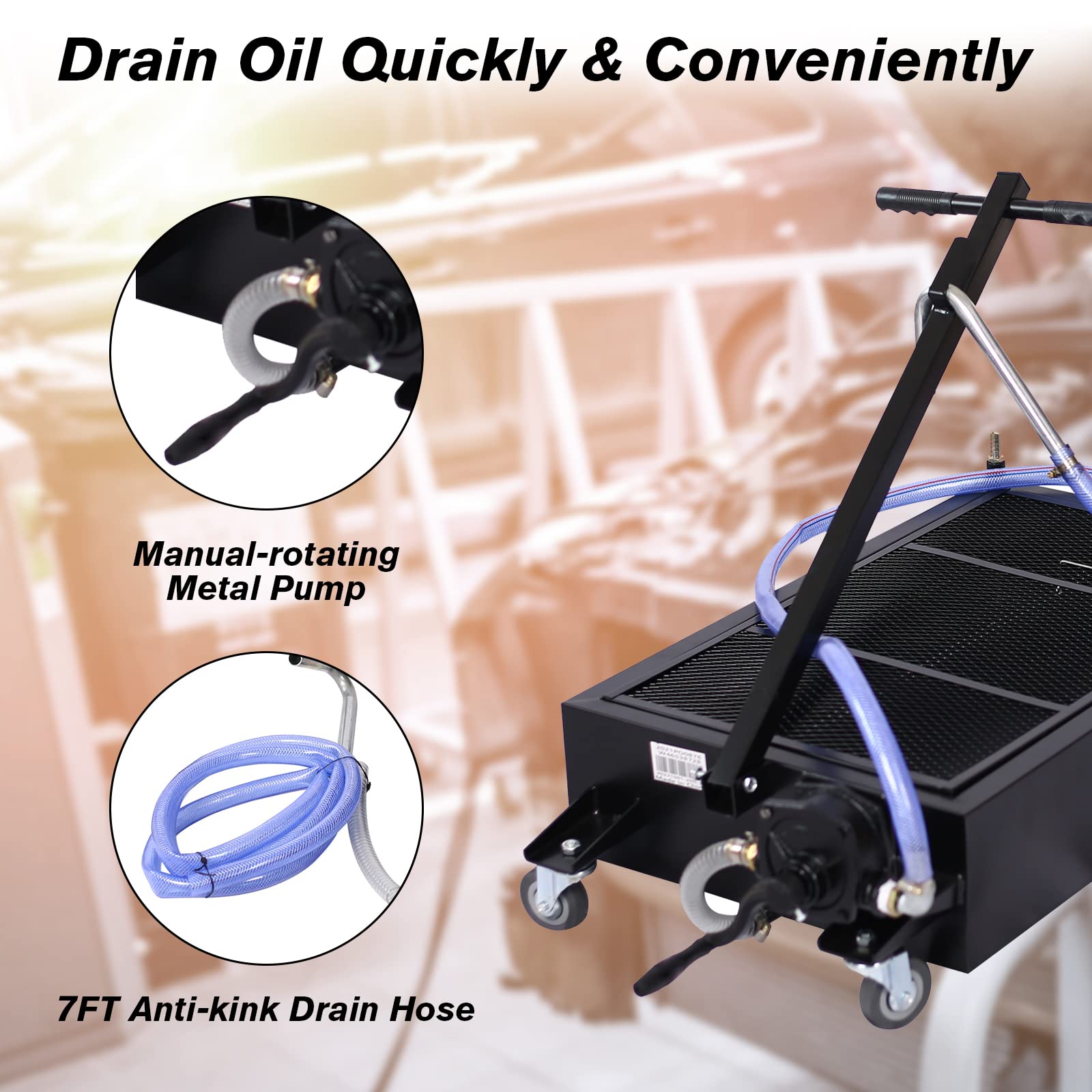 20 Gallon Oil Drain Pan with Hand Pump & Hose - Portable Low Profile Oil Change Tank for Cars, SUVs & Trucks - Large Capacity Oil Drain Pan with Swivel Casters Wheels - Perfect for DIY Oil Changes & Garage Maintenance (Black)