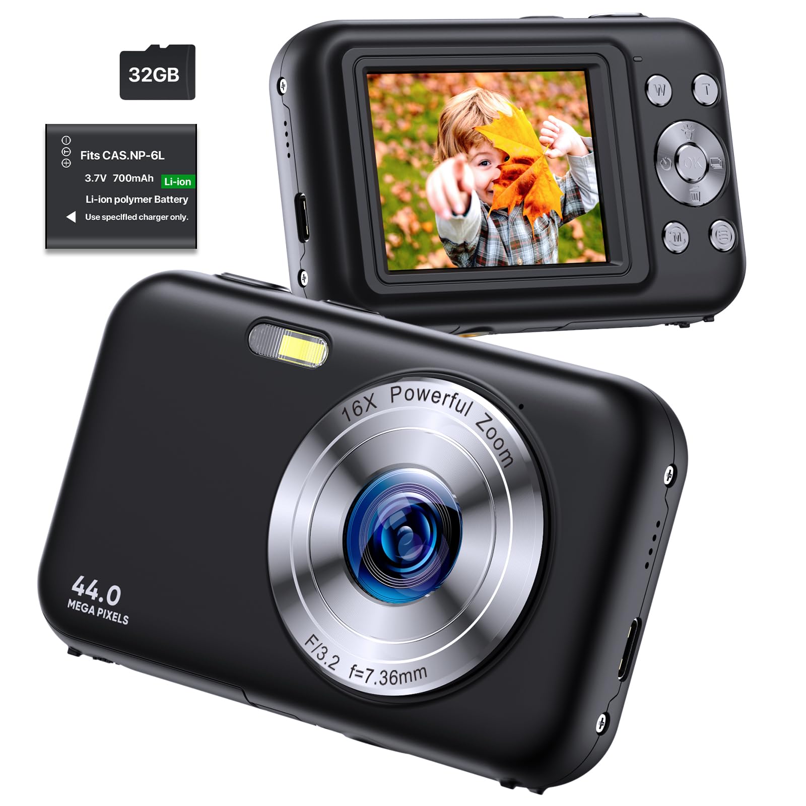 1080P Kids Digital Camera with 32GB SD Card - 16X Digital Zoom Compact Point and Shoot Camera for Teens & Children - Portable Mini Camera for Travel, Birthday Gifts & School Projects (Black)