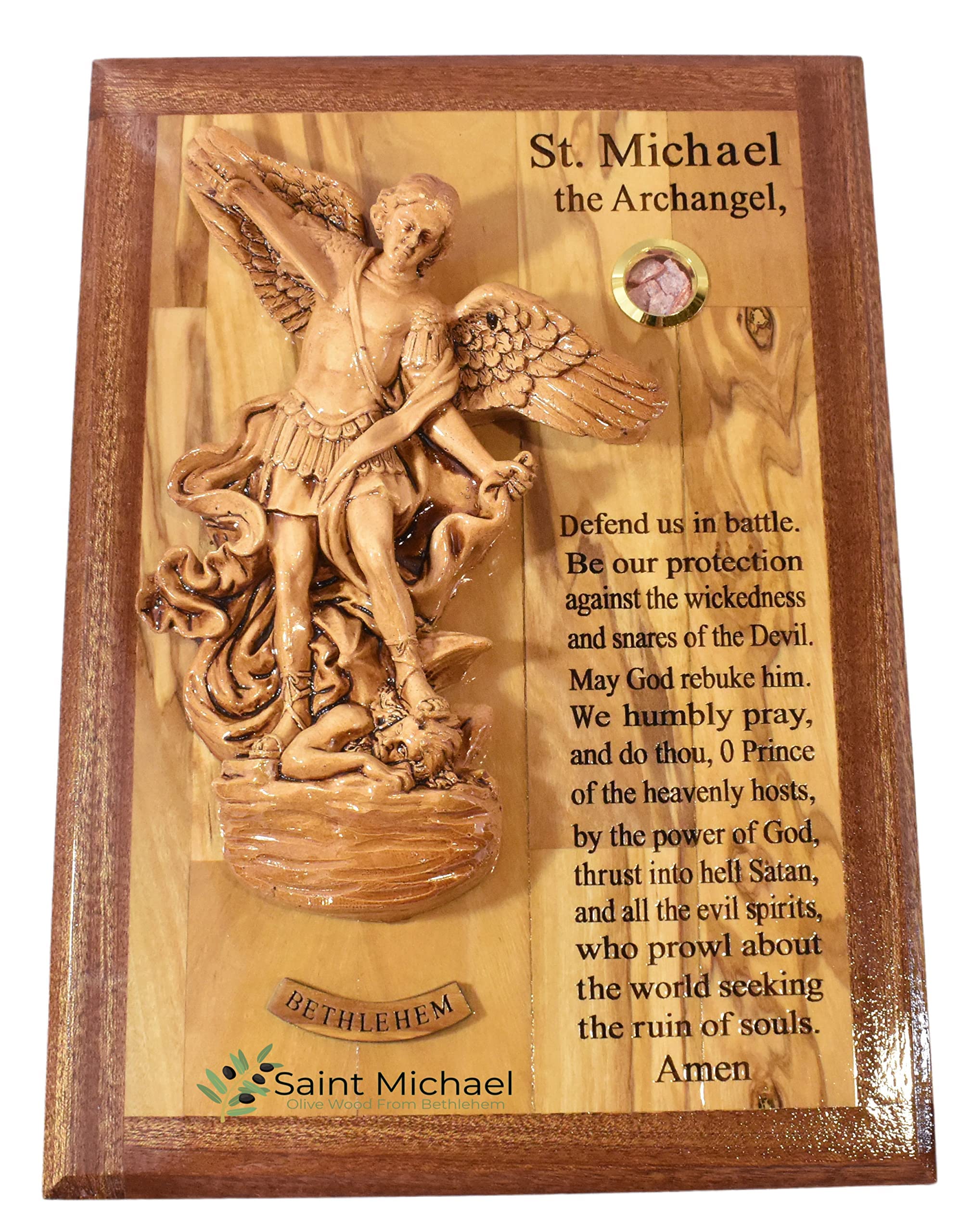 Handmade St. Michael Wall Sculpture - Olive Wood Religious Art from Holy Land | Archangel Michael Prayer Decor for Home, Church & Spiritual Spaces