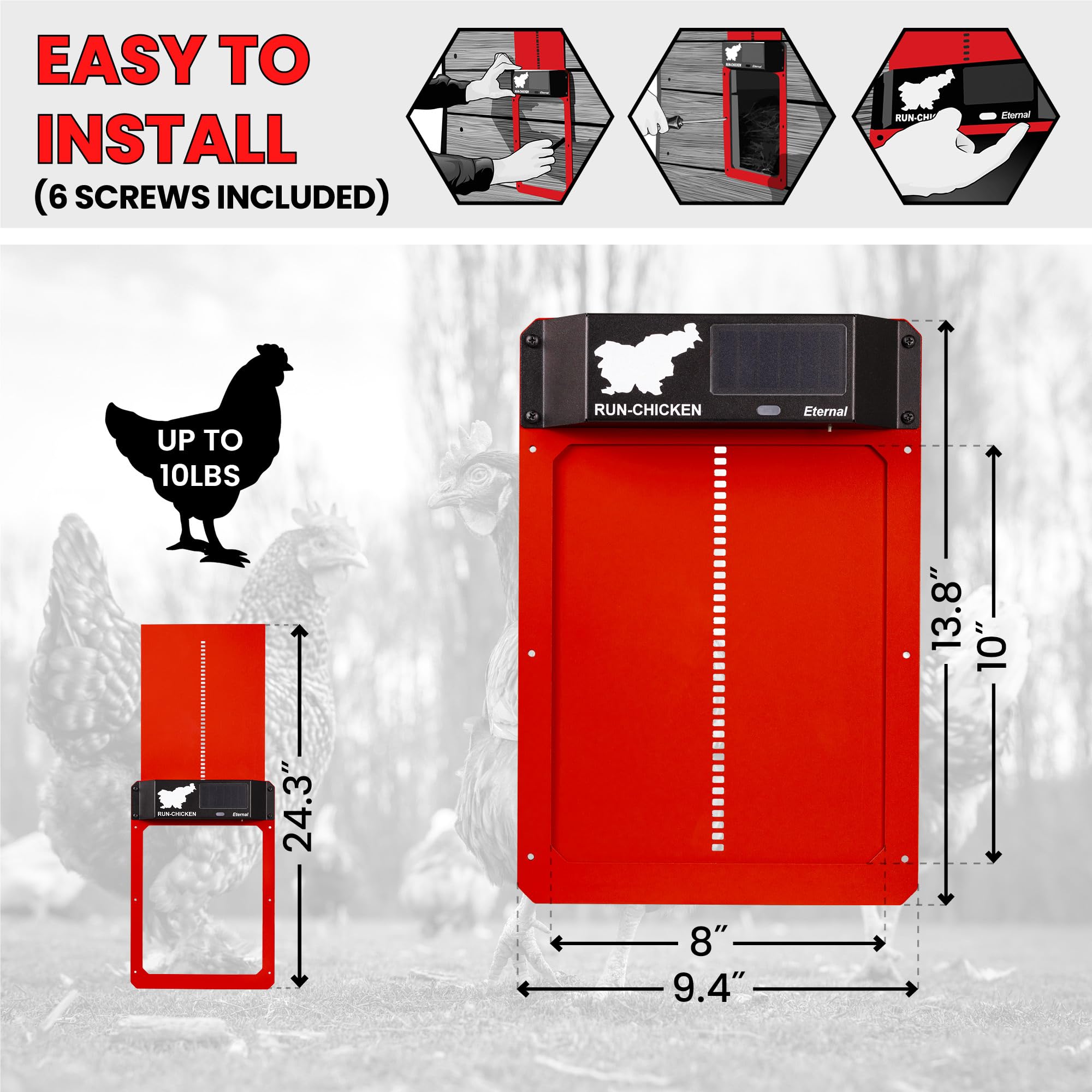 Solar Powered Automatic Chicken Coop Door with Timer & Light Sensor - RUN-CHICKEN Red Electric Poultry Door for Secure Coop Access | Perfect for Backyard Farms, Homesteads & Free-Range Chicken Coops
