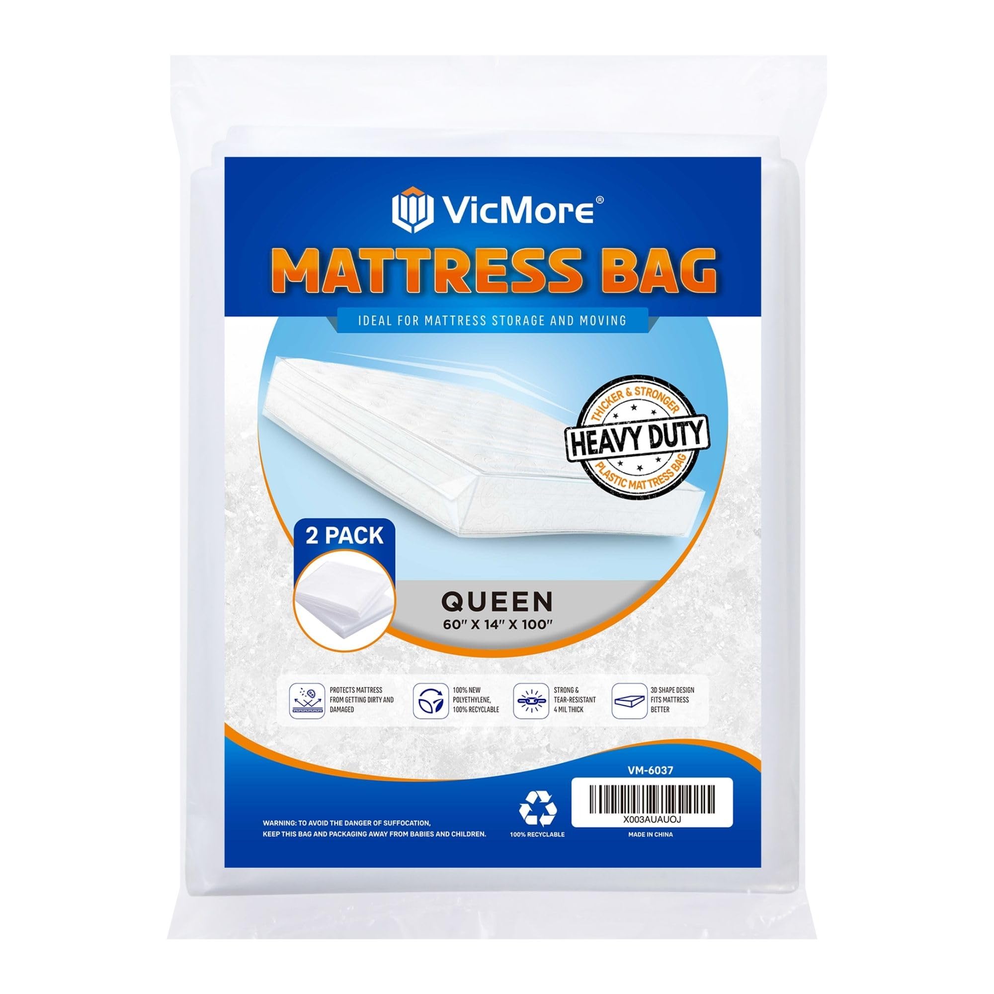 VicMore 2-Pack Queen Size Heavy-Duty Waterproof Mattress Protector - Tear-Resistant Plastic Mattress Cover for Moving, Storage & Bed Bug Protection - Clear Transparent Mattress Pad Fits 8-21