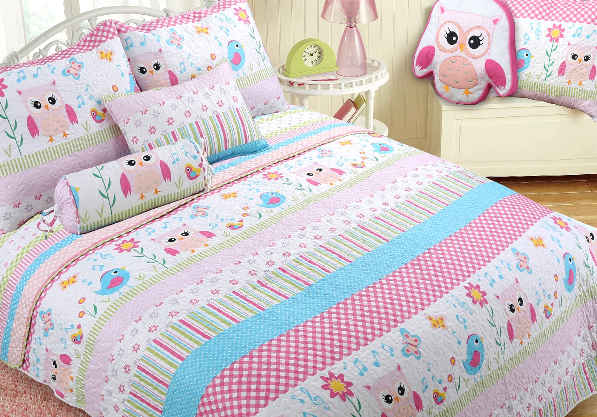 Happy Owl Twin 6-Piece Reversible Quilt Bedding Set for Girls - Pink Floral Coverlet, Bedspread, Sham & Decorative Pillows | Cozy Line Home Fashions | Perfect for Kids' Bedrooms, Dorm Rooms & Nursery Decor