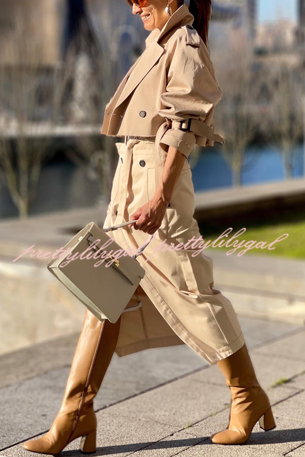 Elegant Work Style Lapel Long Sleeve Blazer & Button Belt Pocketed Slit Midi Skirt Set - Professional Office Outfit for Women | Business Casual Attire for Work, Meetings & Formal Events