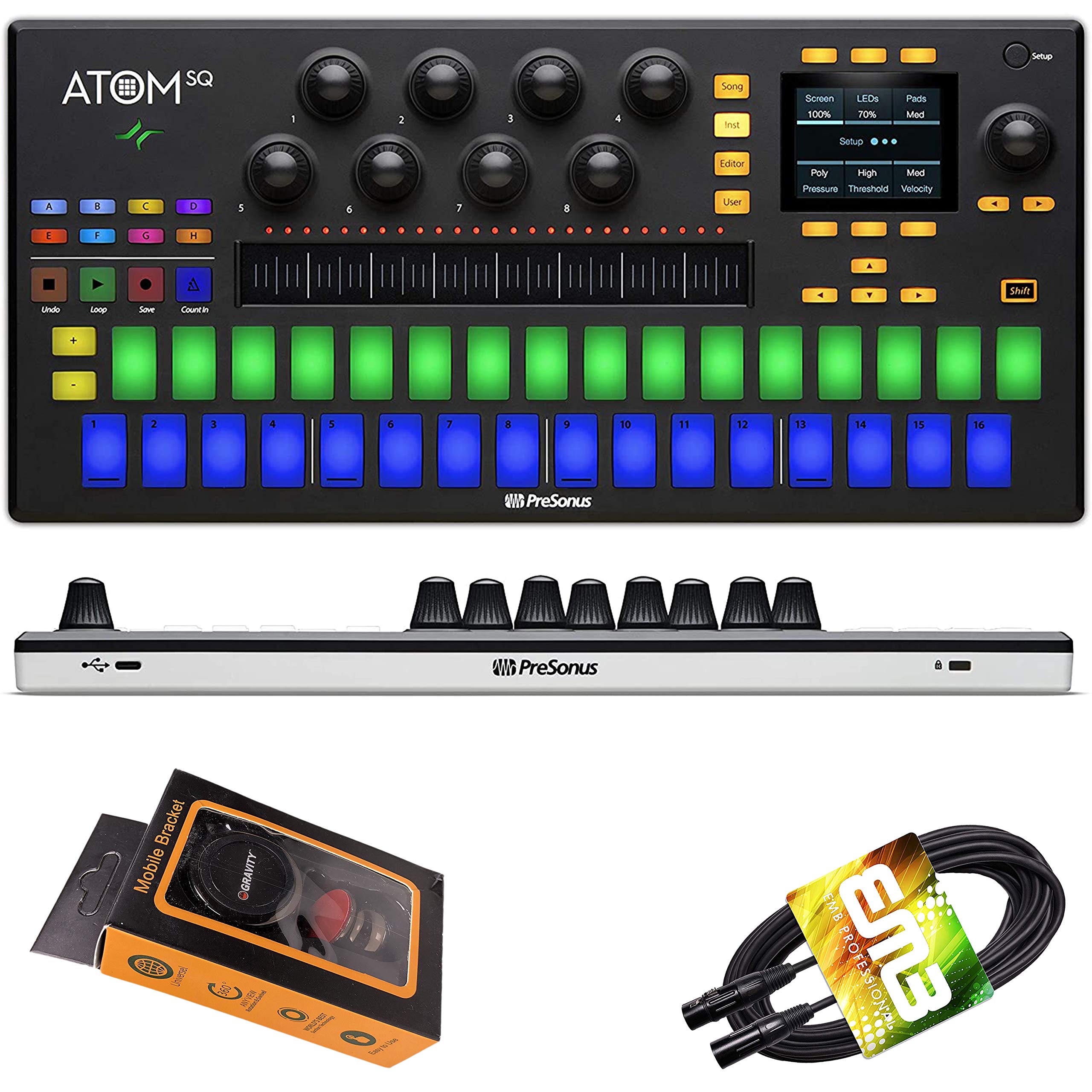 PreSonus Atom SQ MIDI Controller - 32-Velocity Hybrid Keyboard & Pad for Music Production, Performance & DAW Control with Gravity Magnet Phone Holder & XLR Cable Bundle - Perfect for Studio Recording, Live Shows & Beat Making