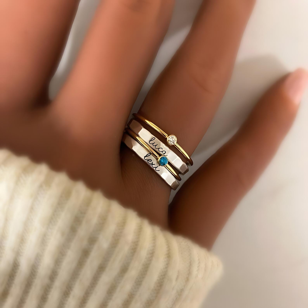 Personalized Birthstone Stacking Rings for Women - Custom Engraved Name & Date, Sterling Silver Stackable Rings Set - Perfect Gift for Anniversary, Birthday, Mother's Day & Valentine's Day
