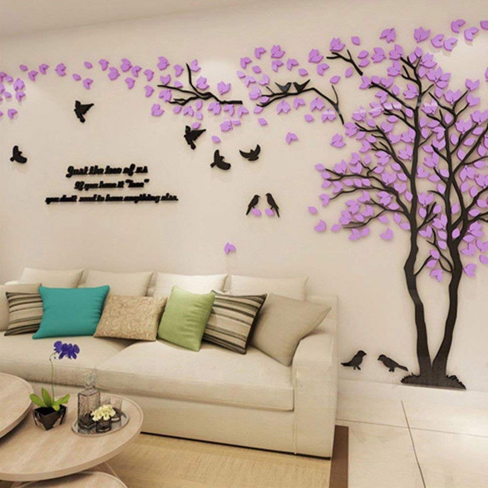 3D Tree Wall Stickers - DIY Tree and Birds Wall Decals for Living Room, Bedroom & TV Background - Large 158x79 Inch Peel and Stick Wall Mural - Perfect for Home Decor, Nursery, Kids Room (Purple Right)