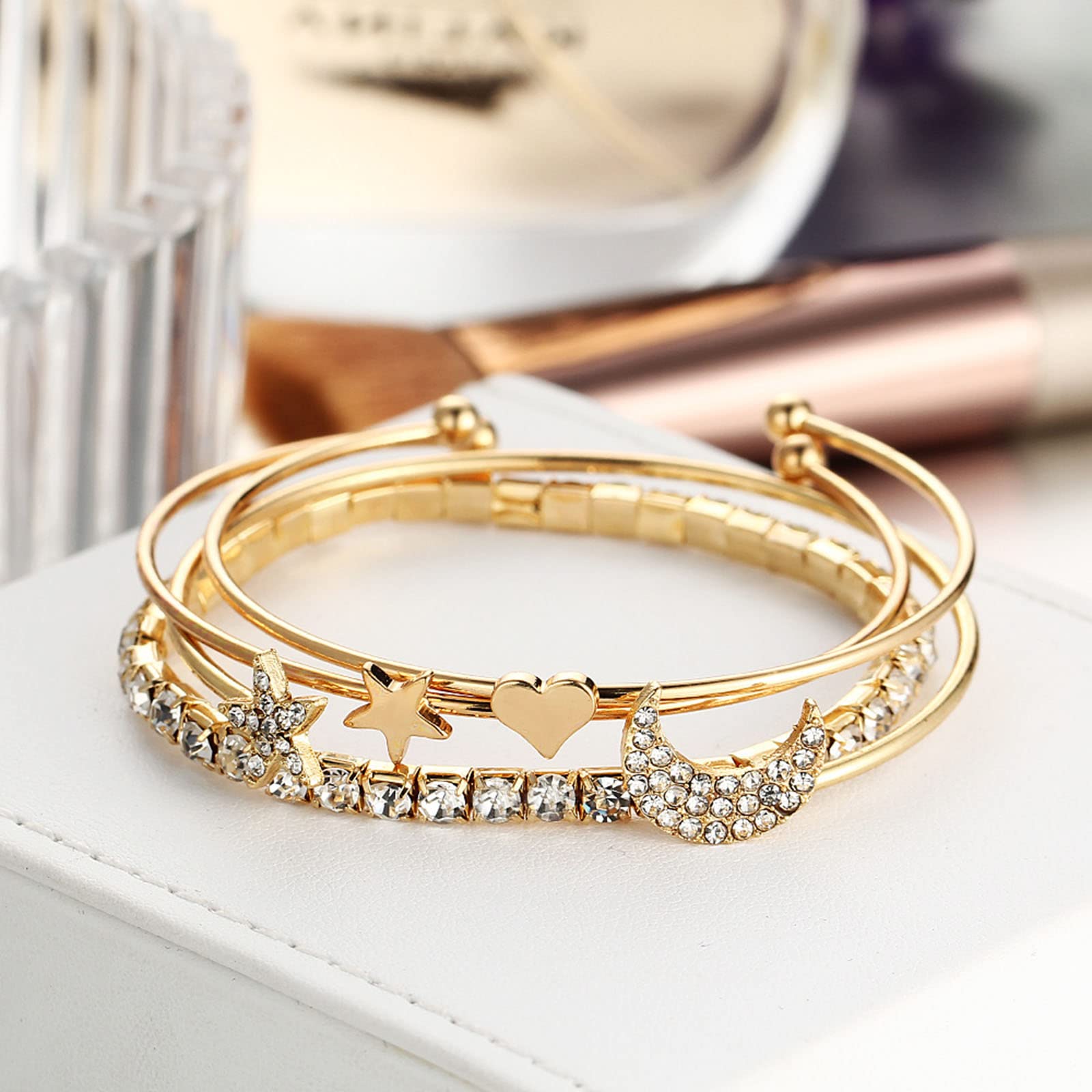 Layered Moon Star Bracelet - Gold Rhinestone Tennis Chain Cuff Bracelet Set for Women, Vintage Crystal Hand Chain Jewelry, 4Pcs - Perfect for Parties, Weddings & Everyday Wear