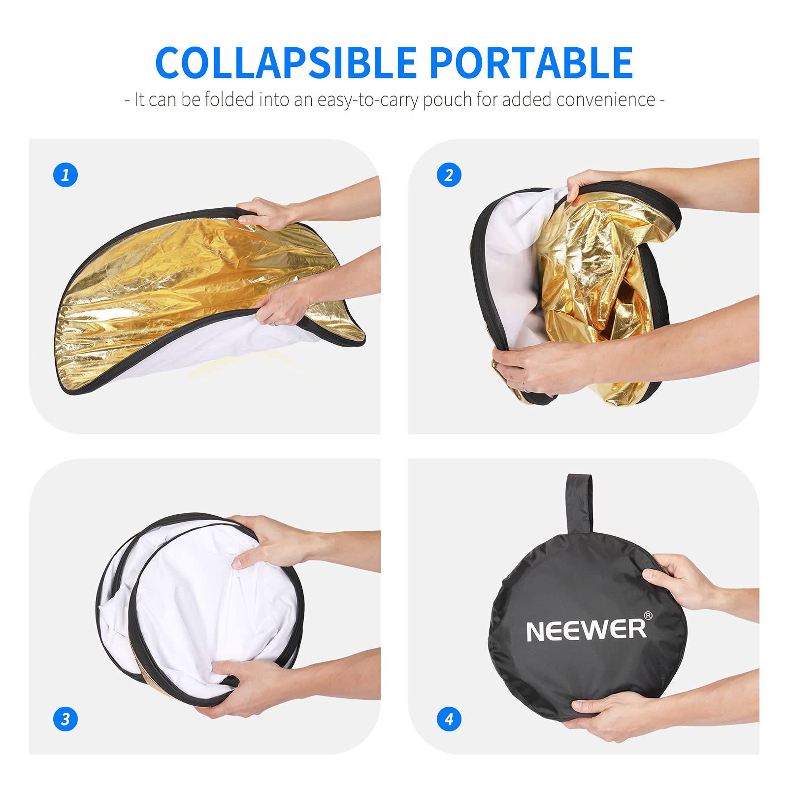 NEEWER 22 Inch 5-in-1 Collapsible Light Reflector Diffuser - Translucent, Silver, Gold, White & Black for Studio & Outdoor Photography - Perfect for Portraits, Product Shoots and Natural Lighting Enhancement
