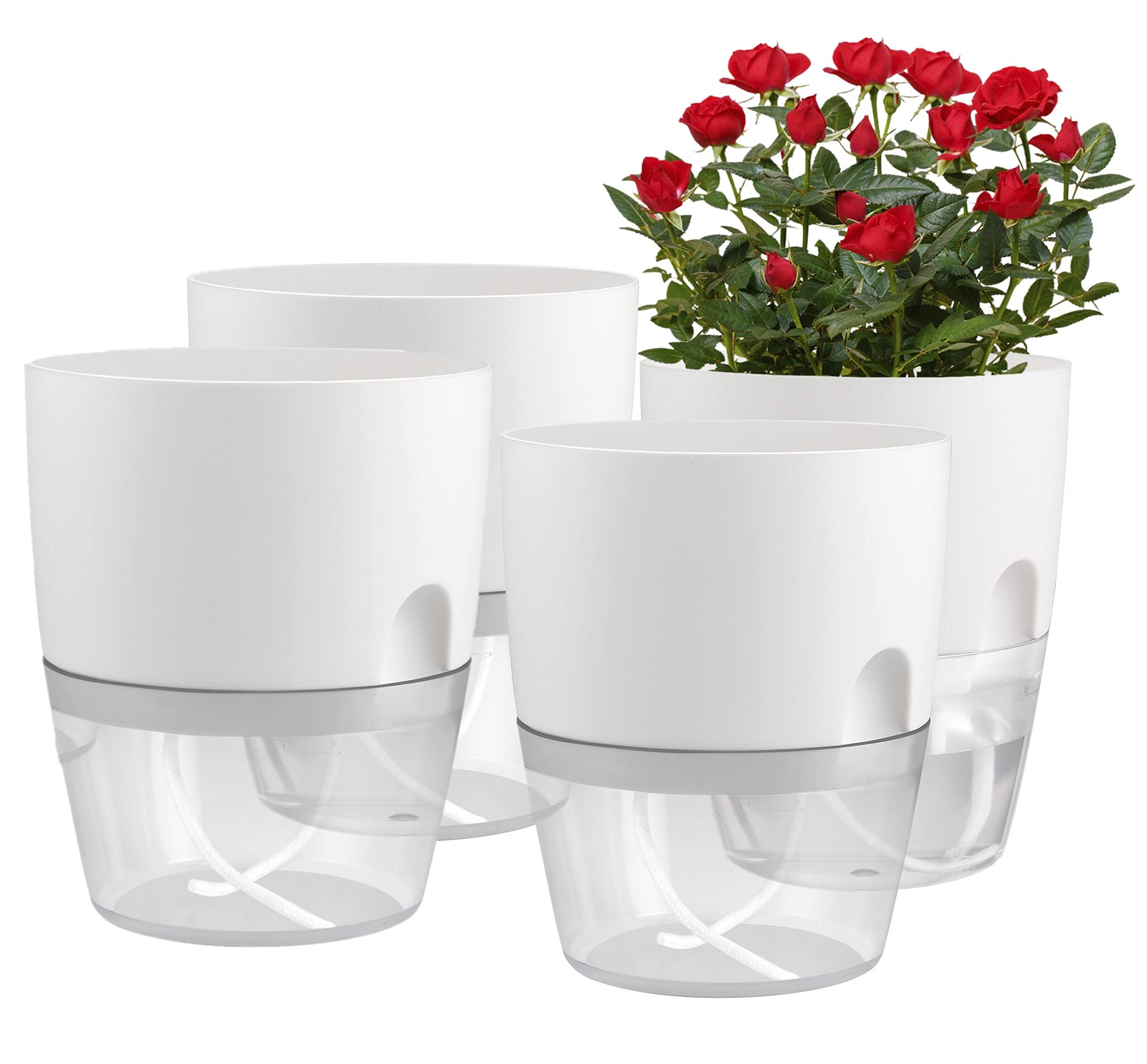 4 Pack 4.1 Inch Self Watering Plant Pots - Modern White Decorative Planter for Indoor Plants, Aloe Vera, Herbs, African Violets & Succulents | Perfect for Home, Office, Kitchen & Windowsill Decor