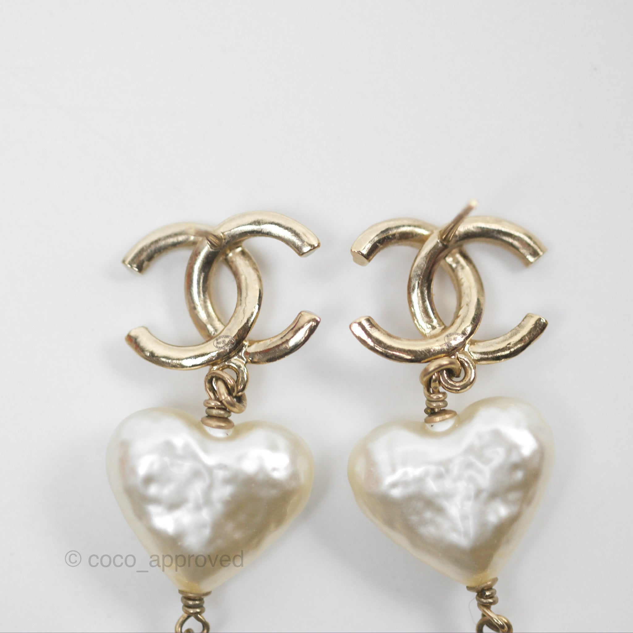 Chanel CC Pearl Heart Drop Earrings for Women - Gold Tone Fashion Jewelry 22C Collection | Perfect for Weddings, Parties & Special Occasions