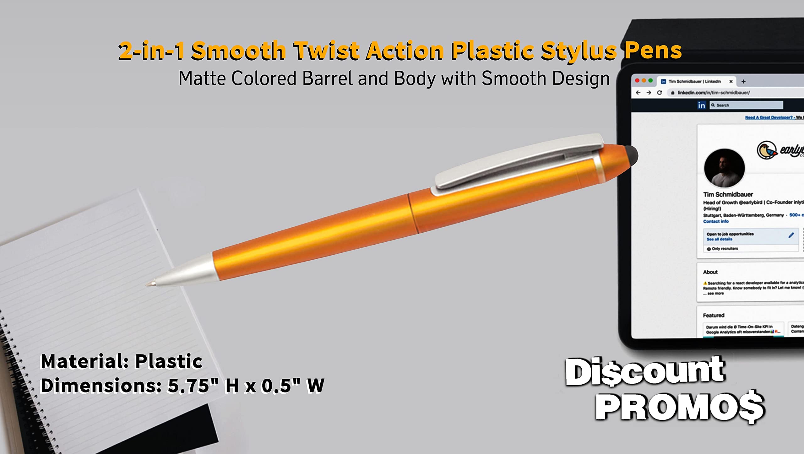 10-Pack Gillette Twist Action Plastic Stylus Pens - Black Ink, Orange Barrel, Smooth Writing for Office, School & Note-Taking (Plastic, Twist Mechanism)