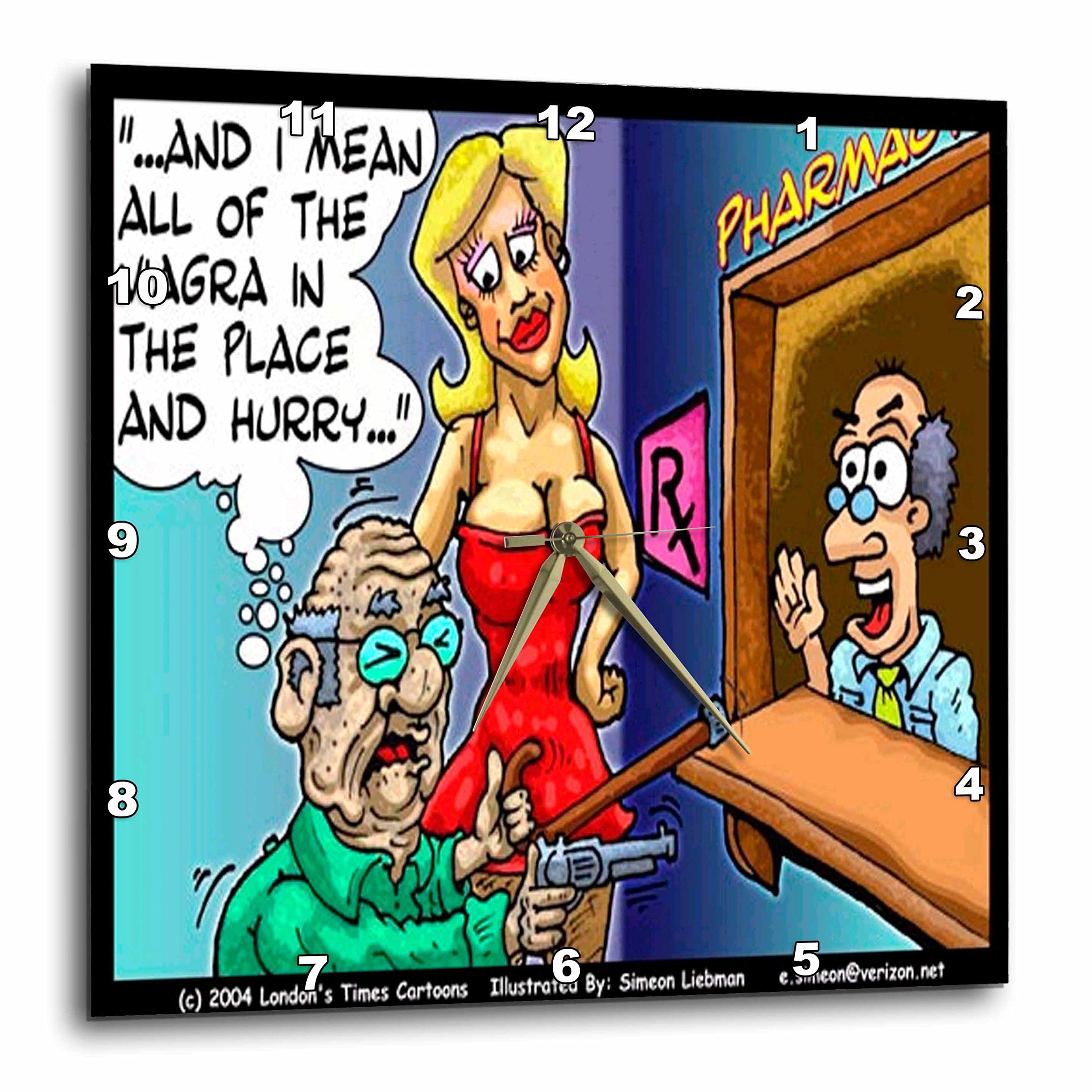 Funny Pharmacy Cartoon Wall Clock - 3dRose Old Man Holds Up Pharmacy for Viagra - 10x10 Inch Humorous Home Decor for Living Room, Office & Gag Gifts - DPP_2330_1