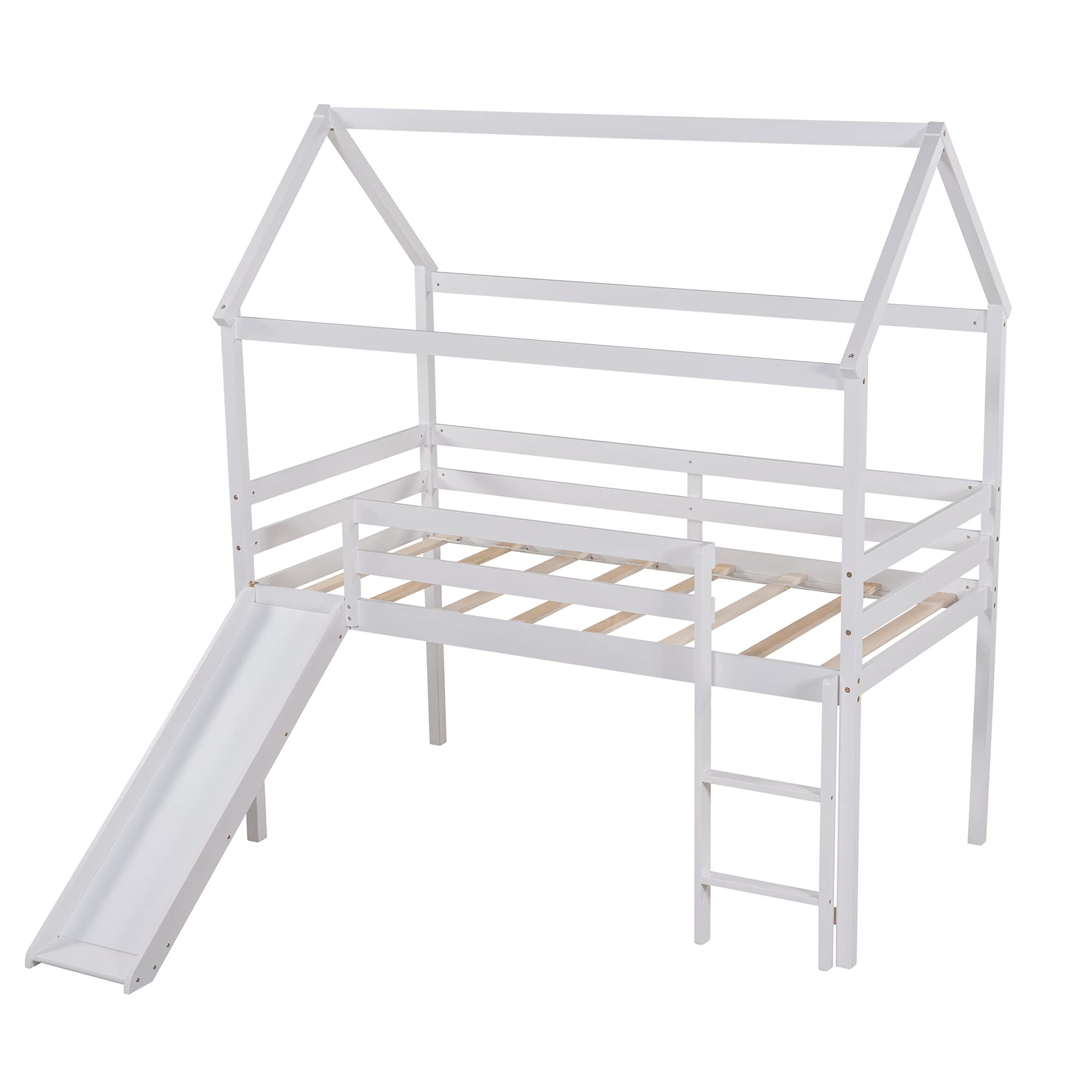 Twin Size Wooden Loft Bed with Slide, Roof & Ladder - Solid Wood House Bed Frame for Kids & Teens - No Box Spring Needed (White) | Perfect for Small Bedrooms, Playrooms & Dorm Rooms