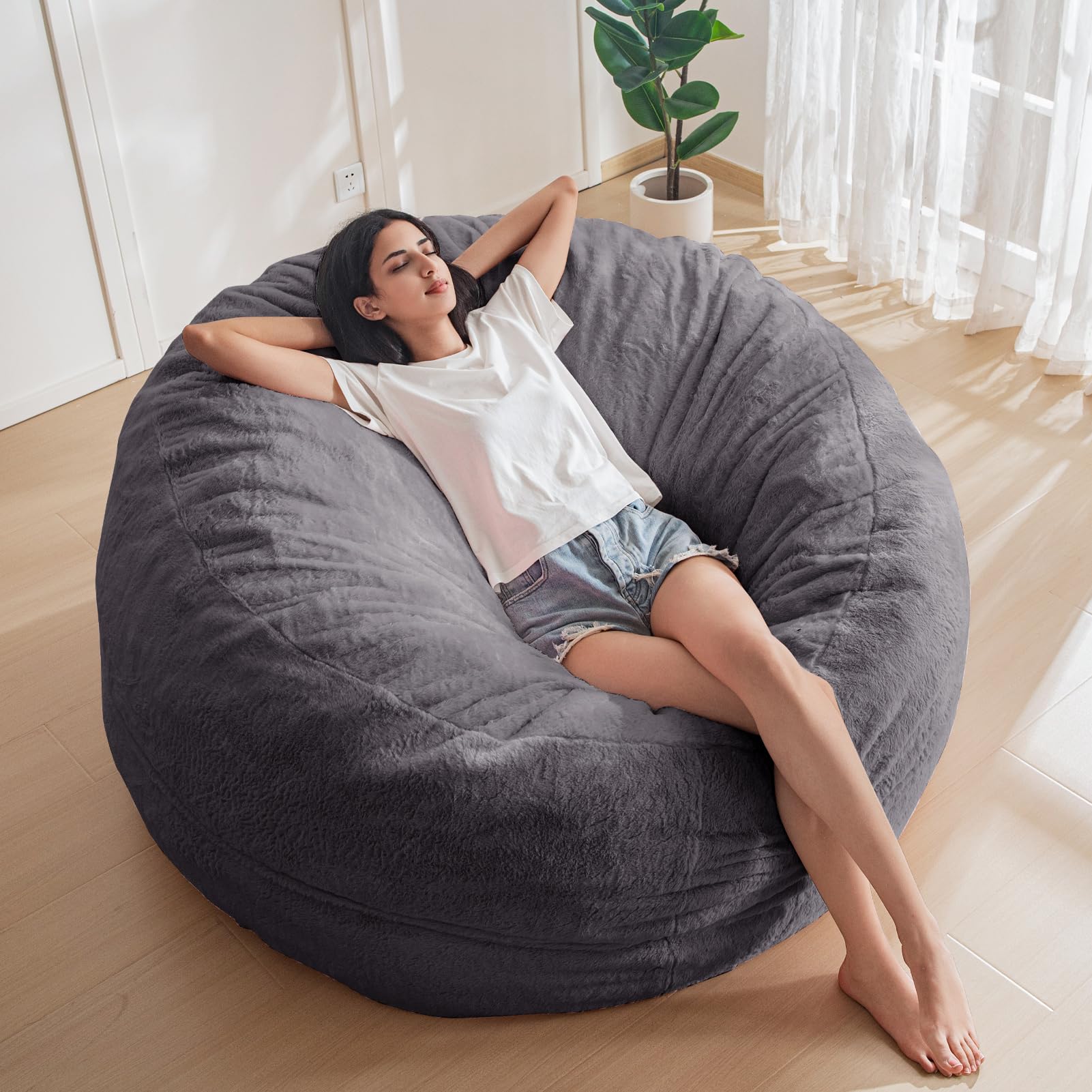 MAXYOYO Large Bean Bag Chair for Adults - Ultra Soft Fur Lazy Sofa with Comfortable Foam Filling for Living Room & Bedroom - Dark Grey - Perfect for Relaxing, Gaming, Reading & Lounging