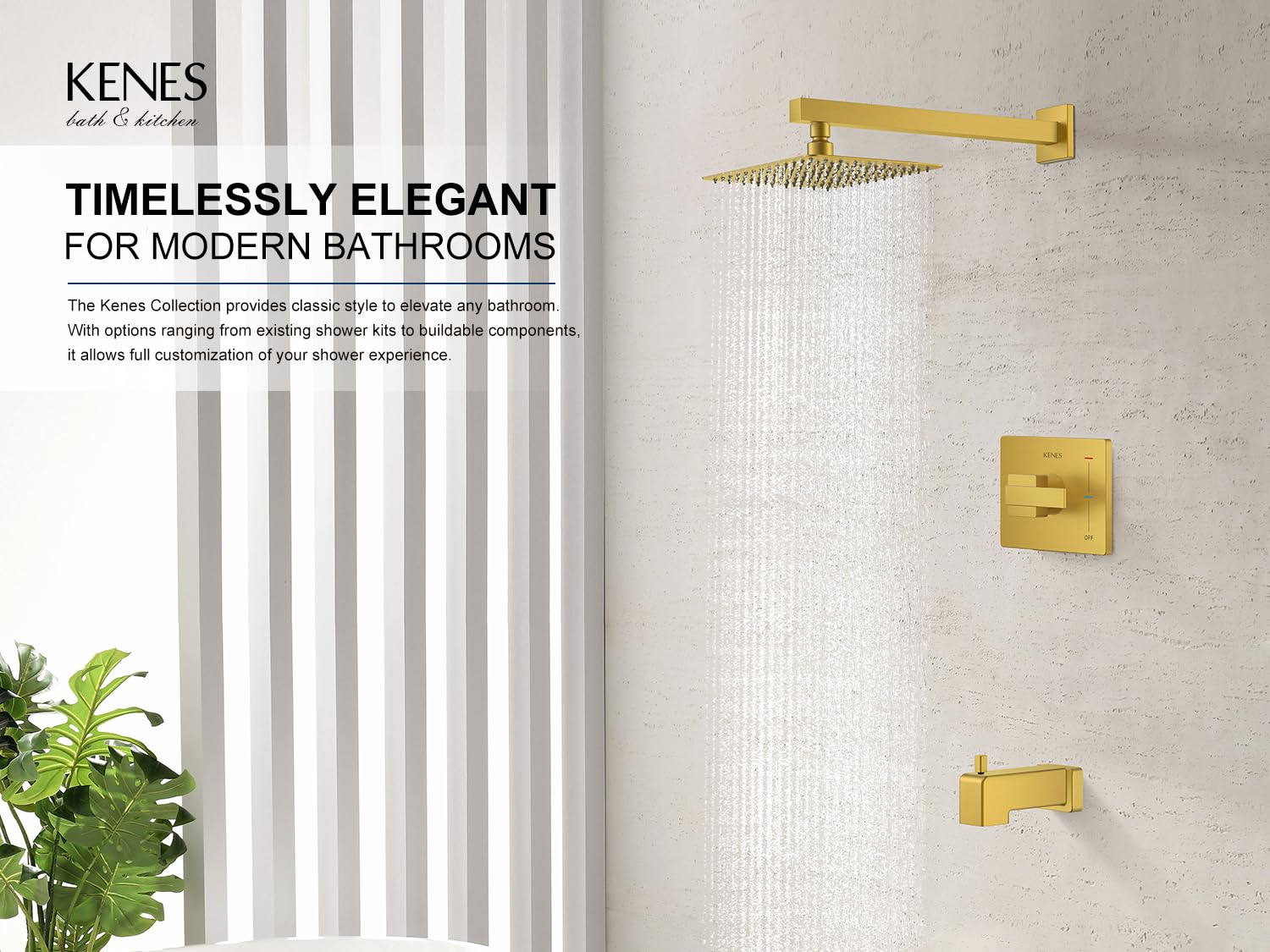 Premium Brushed Gold Shower Faucet Set - Modern Square Tub & Shower Trim Kit with Single-Spray Shower Head & Included Valve (KE-6024A-4) | Perfect for Bathroom Renovation & Luxury Spa Experience
