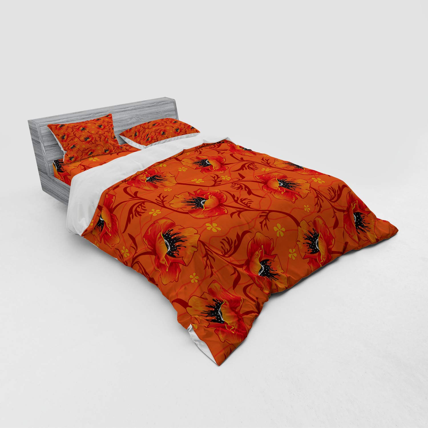 Ambesonne Orange Duvet Cover Set 4-Piece Queen Size - Bohemian Poppy Flower Print Bedding with Shams & Fitted Sheet in Burnt Orange, Yellow & Black | Perfect for Bohemian Bedroom Decor, Guest Room Styling & Romantic Home Accents