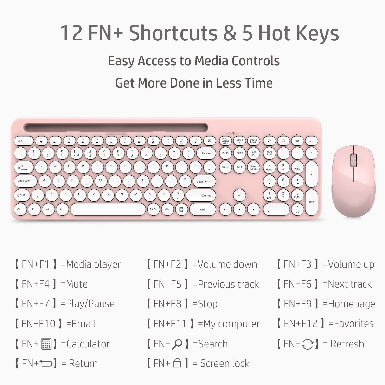 LeadsaiL Wireless Keyboard & Mouse Set with Holder - for Laptop, Tablet & Phone - Pink