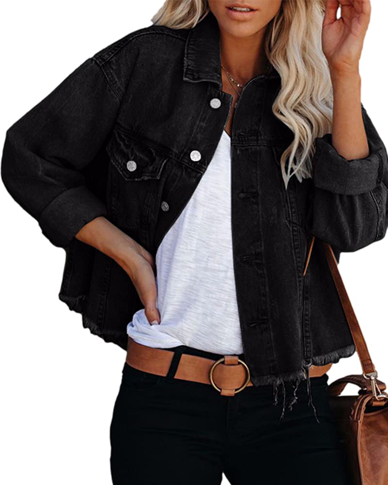 BZB Women's Boyfriend Denim Jacket - Washed Blue Long Sleeve Jean Coat for Casual Outfits, Street Style & Layering in Fall & Spring