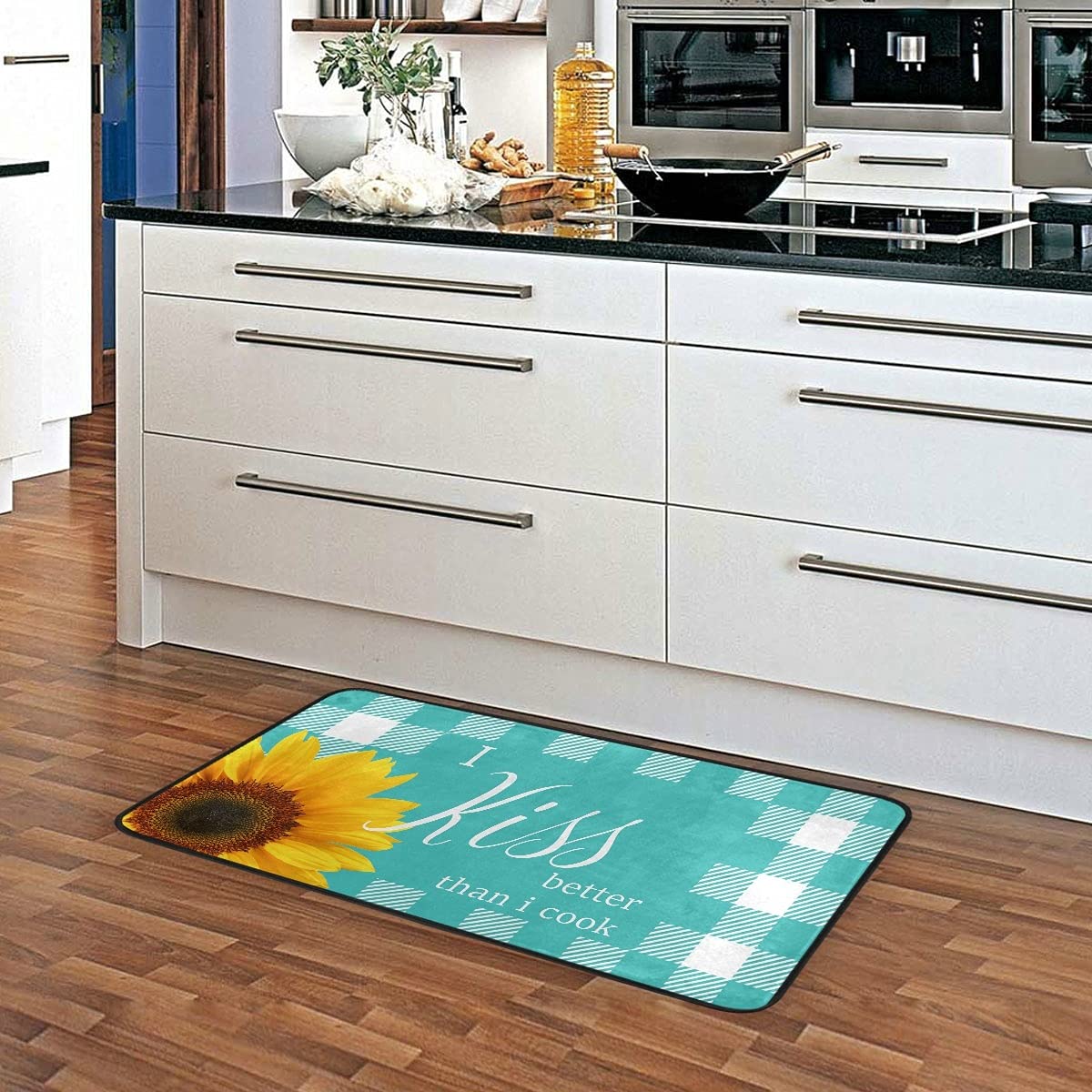 Teal Plaid Sunflower Non-Slip Kitchen Rug - Washable Buffalo Check Anti-Fatigue Floor Mat for Kitchen - Perfect for Cooking, Dishwashing & Standing Comfort