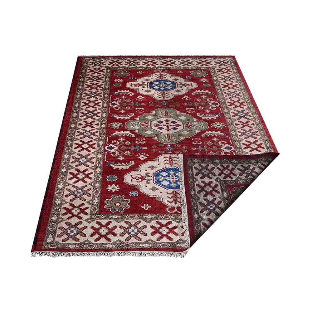 Hand Knotted Wool & Silk Eco-Friendly Oriental Area Rug 5'x8' Rectangle - Red Cream Traditional Design, Medium Pile Handmade Rug (AF0116) for Living Room, Bedroom & Office Decor