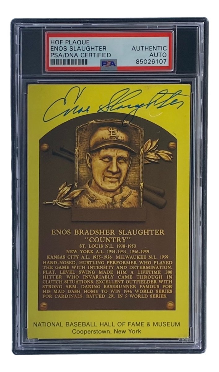 Authentic Enos Slaughter Signed 4x6 St Louis Cardinals HOF Plaque Card - PSA/DNA Certified #85026107 - Perfect for Baseball Memorabilia Collectors & Cardinals Fans