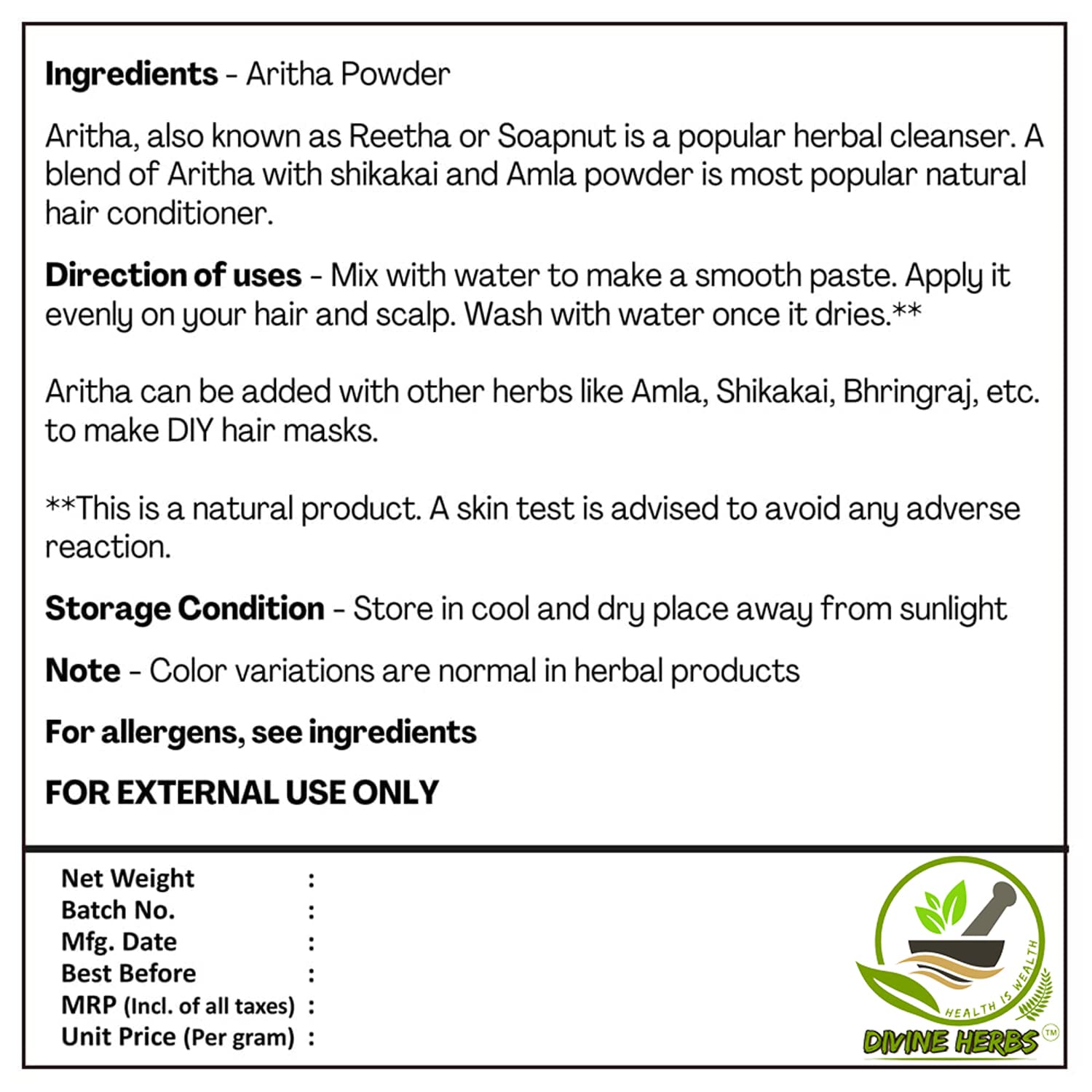 100% Natural & Organic Aritha Powder (100g) by DIVINE HERBS - Chemical-Free Hair & Skin Care Solution for Shine & Softness | Perfect for DIY Shampoo, Face Masks & Ayurvedic Beauty Treatments