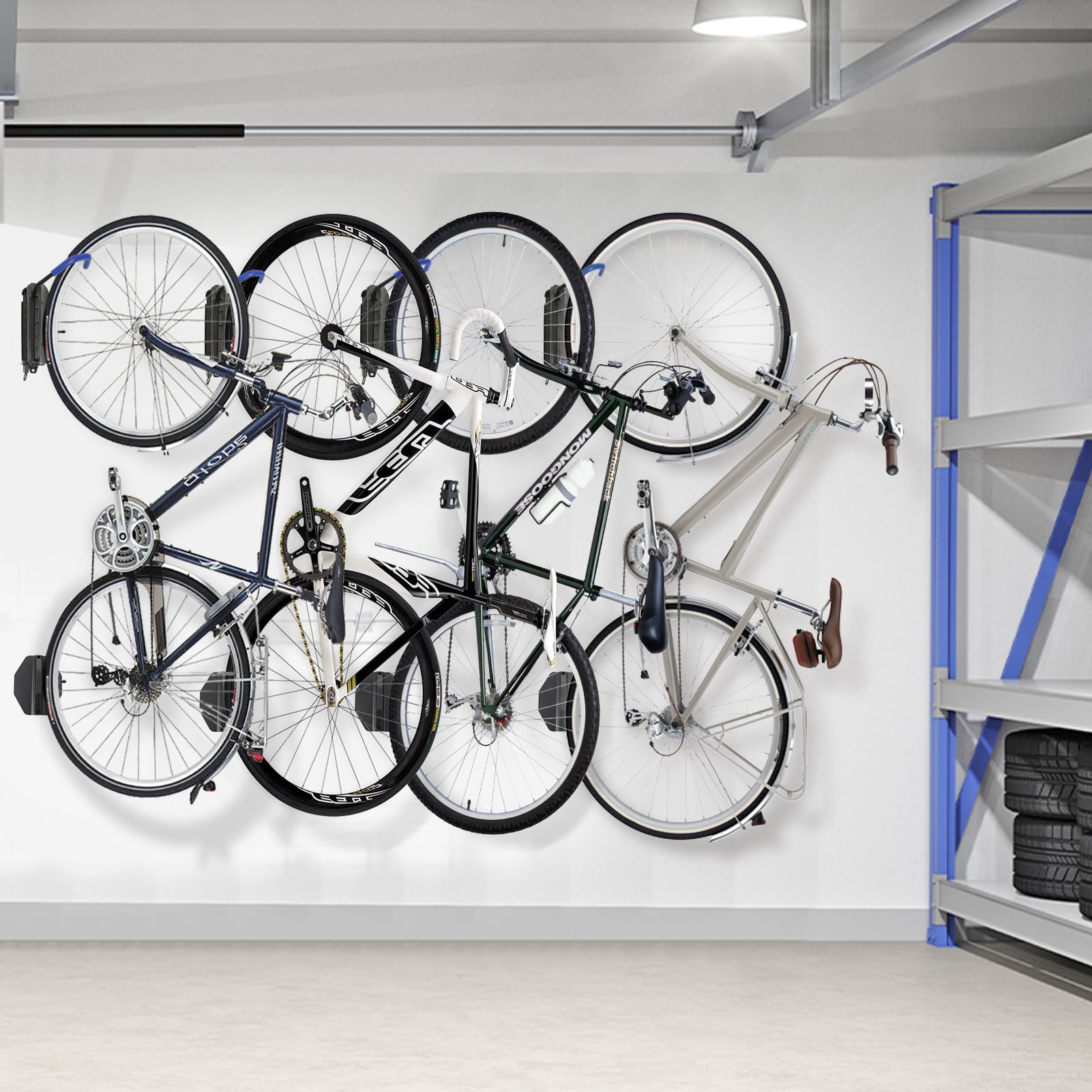 Swivel Bike Wall Mount Rack - Space Saving Garage Bike Hooks & Hangers - Vertical Storage Solution Holds Up to 70 lbs (4 Pack, Blue) - Perfect for Garage, Basement, or Apartment Bike Organization