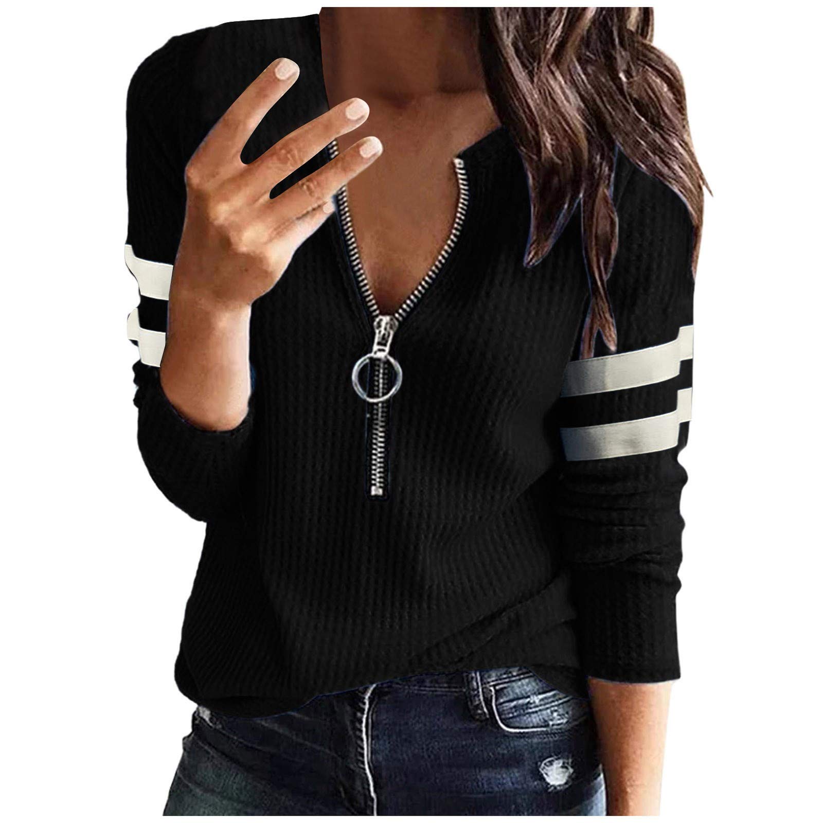 Plus Size Women's Dressy Blouses & Tops - Color Block Half Zip Long Sleeve T-Shirts & Casual Tunic Tops | Office Wear & Everyday Outfits
