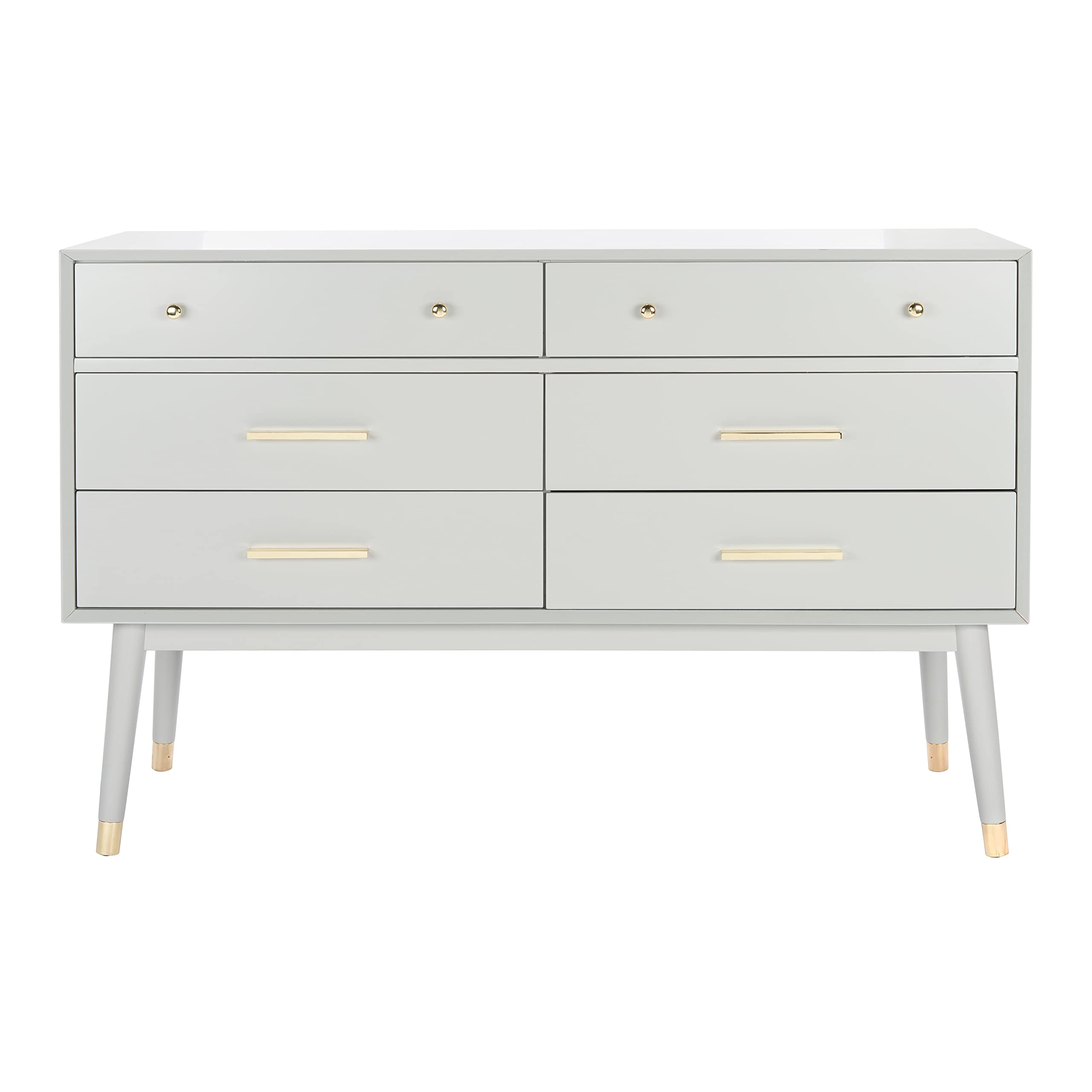 Safavieh Couture Home Collection Madden Retro Grey and Brass 6-Drawer Dresser - Vintage Style Bedroom Furniture for Modern Homes, Perfect for Master Bedroom, Guest Room or Apartment Storage