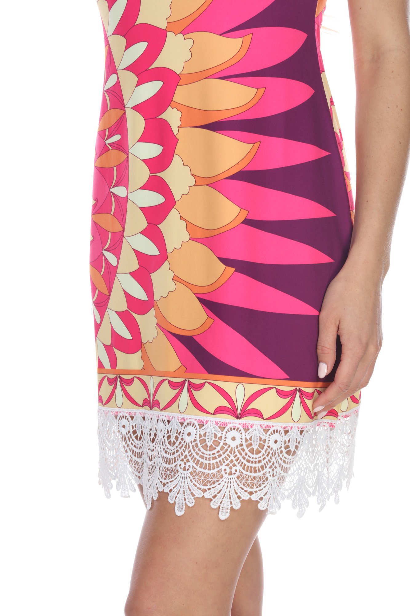 White Mark Women's Floral Kaia Mini Dress with Crochet Hem - Purple & Gold (Size M) | Summer Wedding Guest Dress, Beach Cover Up, Boho Party Outfit