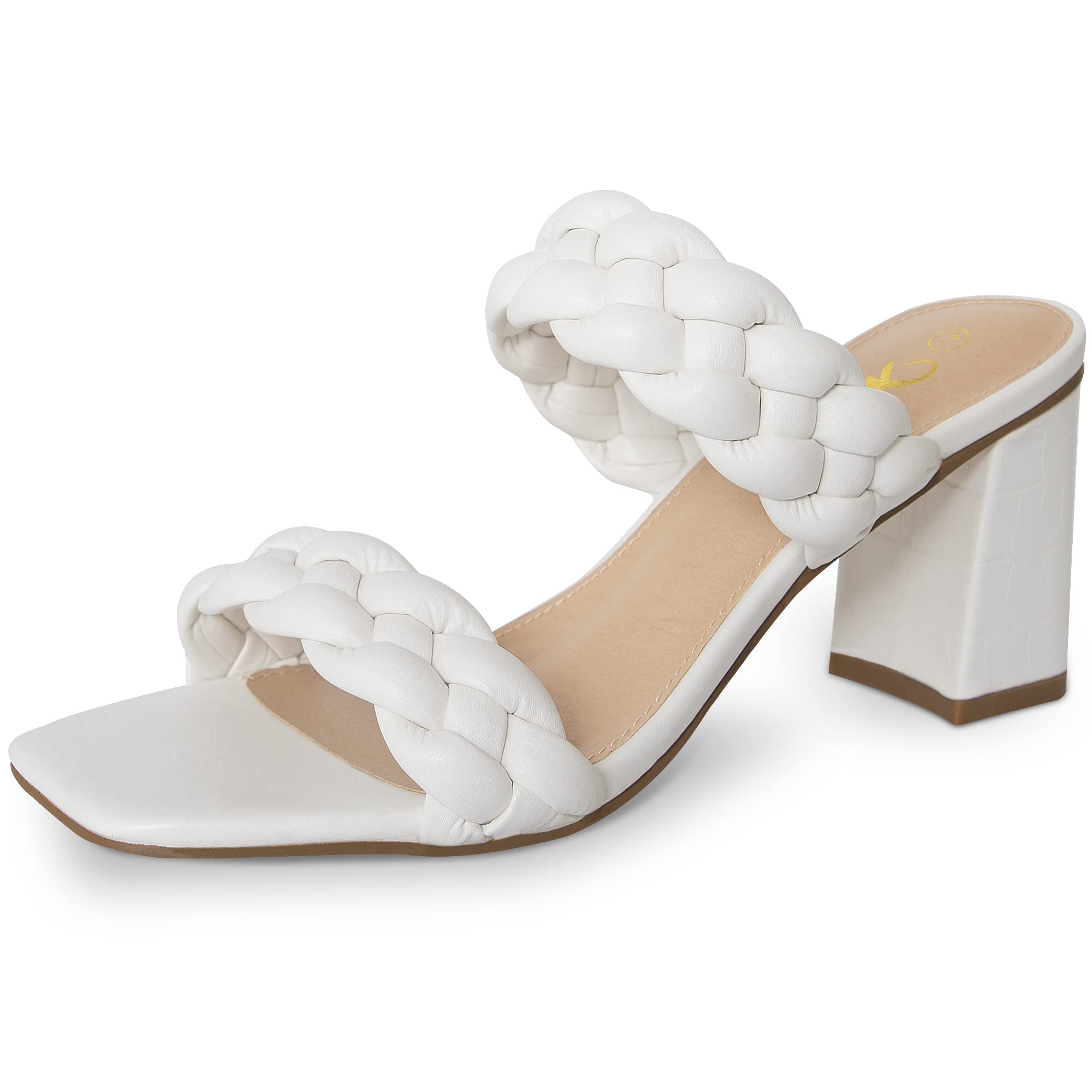 Athlefit Women's Braided Heeled Sandals - Strappy Square Toe Backless Mules with Block Heels | Slip On Comfort for Summer, Beach, and Casual Outings