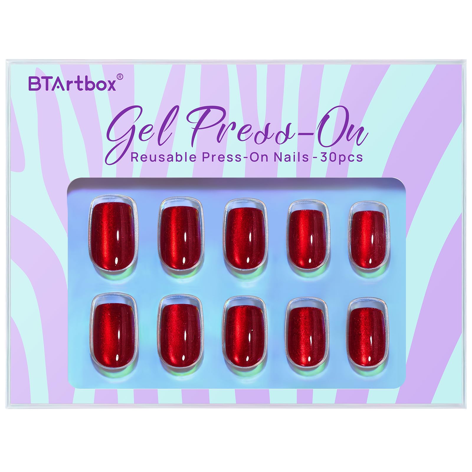 BTArtbox Red Cat Eye Press On Nails - Square Short Fake Nails with Glue, Glossy Reusable Soft Gel Nail Tips (15 Sizes, 30-Piece Kit) for Women, Gifts, Parties, Date Nights & Special Occasions
