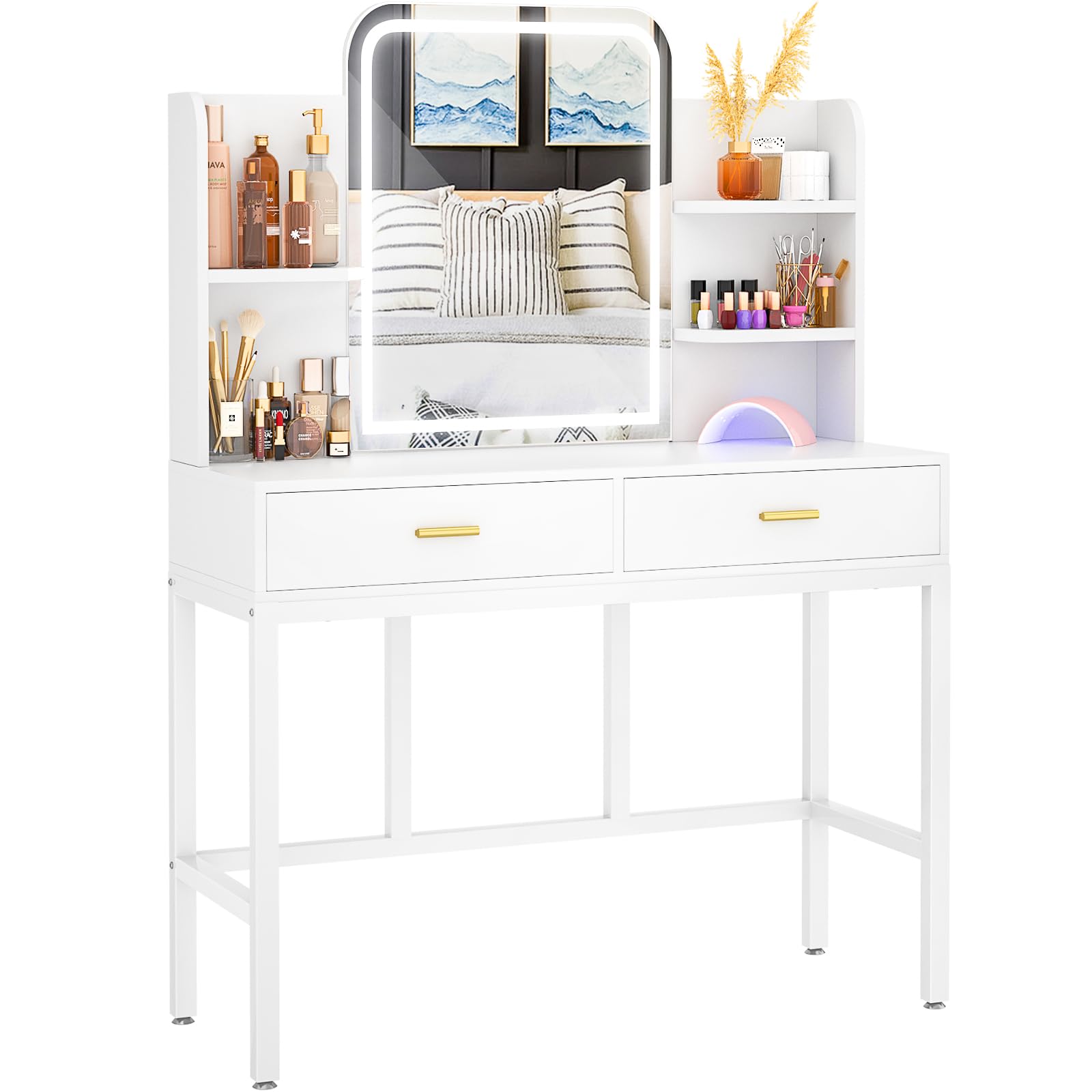 Armocity Vanity Desk with Mirror and LED Lights - Modern Makeup Vanity Table Set with 3 Color Lighting Options, 2 Storage Drawers & Shelf - White Dressing Table for Bedroom, Perfect for Makeup Application and Beauty Organization