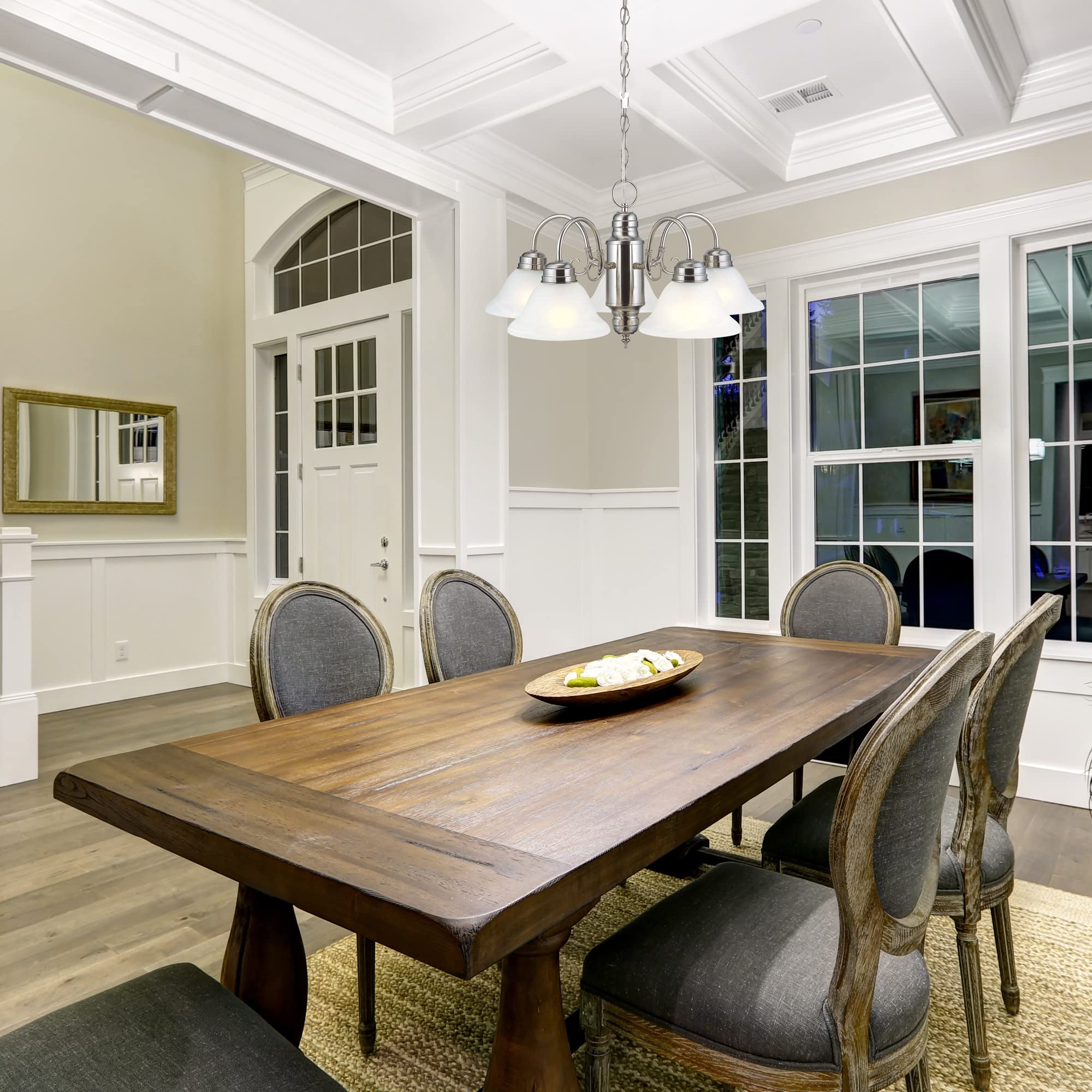 Millbridge 5-Light Chandelier with Alabaster Glass Shades - Dimmable Satin Nickel Finish for Dining Room, Foyer & Kitchen | Elegant Ceiling Lighting Fixture for Home Decor & Dinner Parties