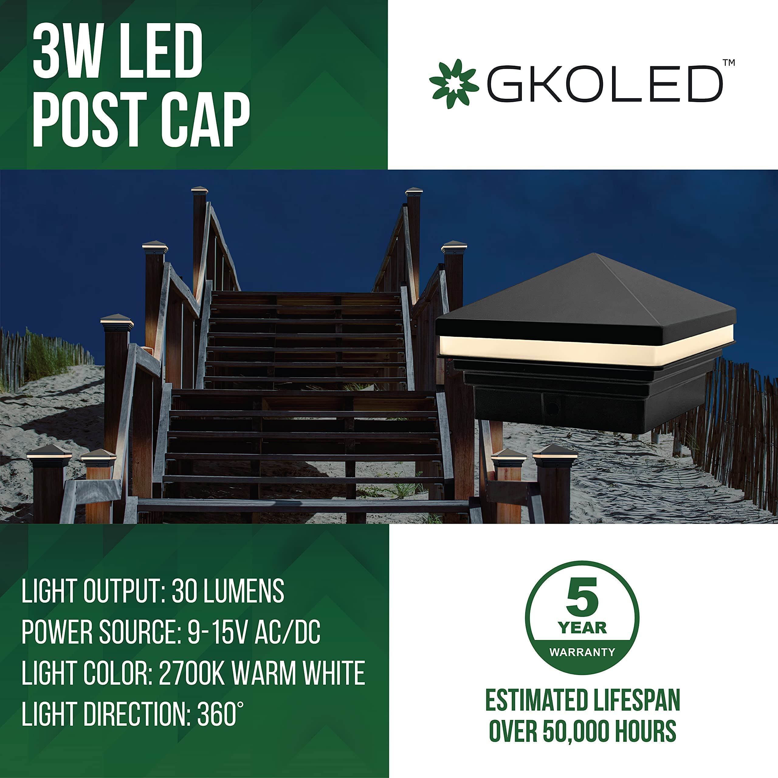 GKOLED 6-Pack Low Voltage LED Black Deck Lights with 4-Pack Pyramid Post Cap Lights for Outdoor Stair, Patio, Garden, and Pathway Lighting