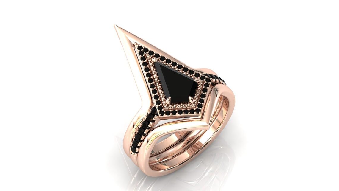 Vintage 1.5 CT Kite Shaped Black Onyx Engagement Ring Set - Art Deco Wedding Band & Anniversary Promise Ring - Antique Style Bridal Jewelry for Women - Perfect for Vintage Weddings, Proposals & Special Occasions